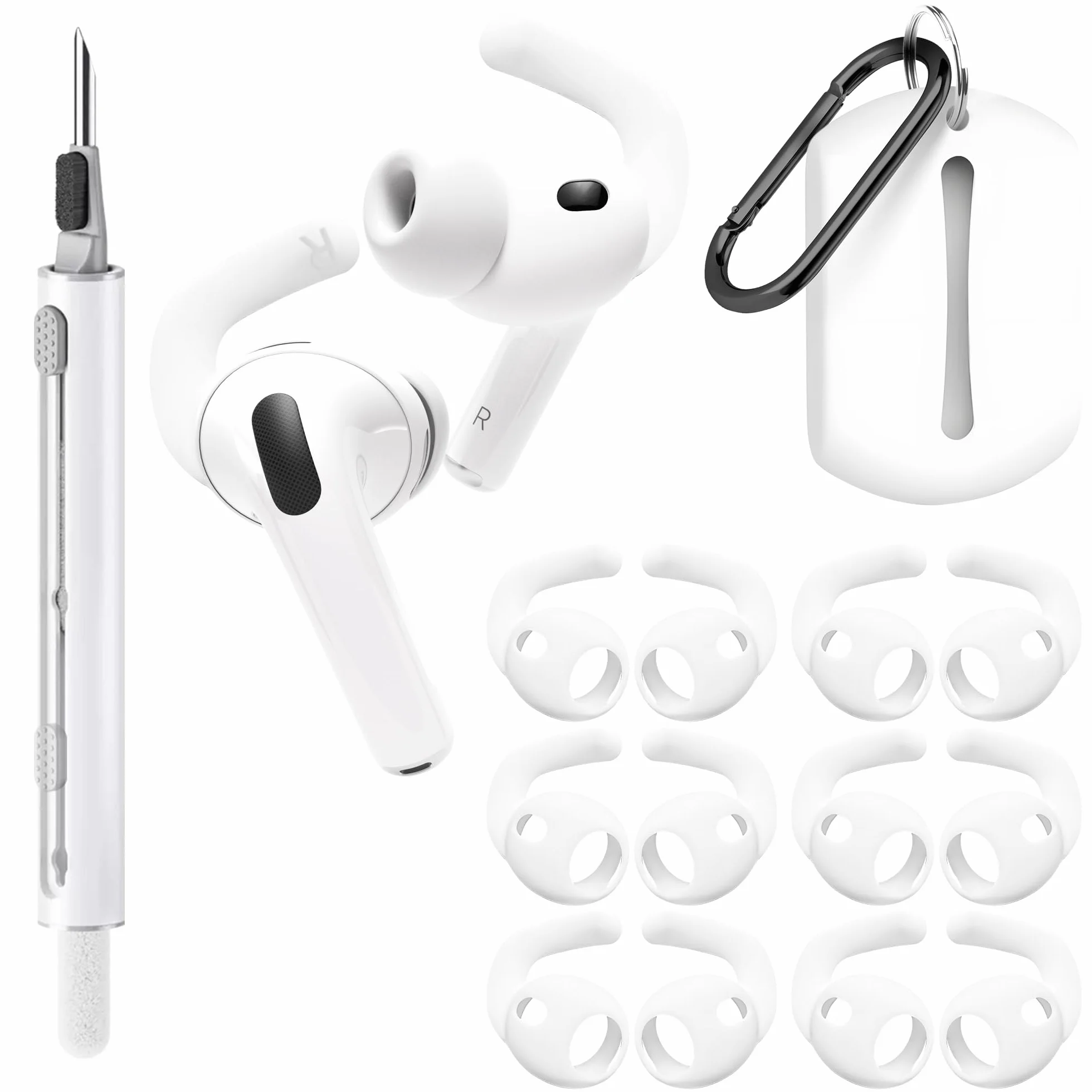6 par haczyków do słuchawek AirPods Pro 3 (2025) z zestawem do czyszczenia i torbą do przechowywania, antypoślizgowy miękki silikon do uprawiania sportu i pasujący do końcówek do uszu