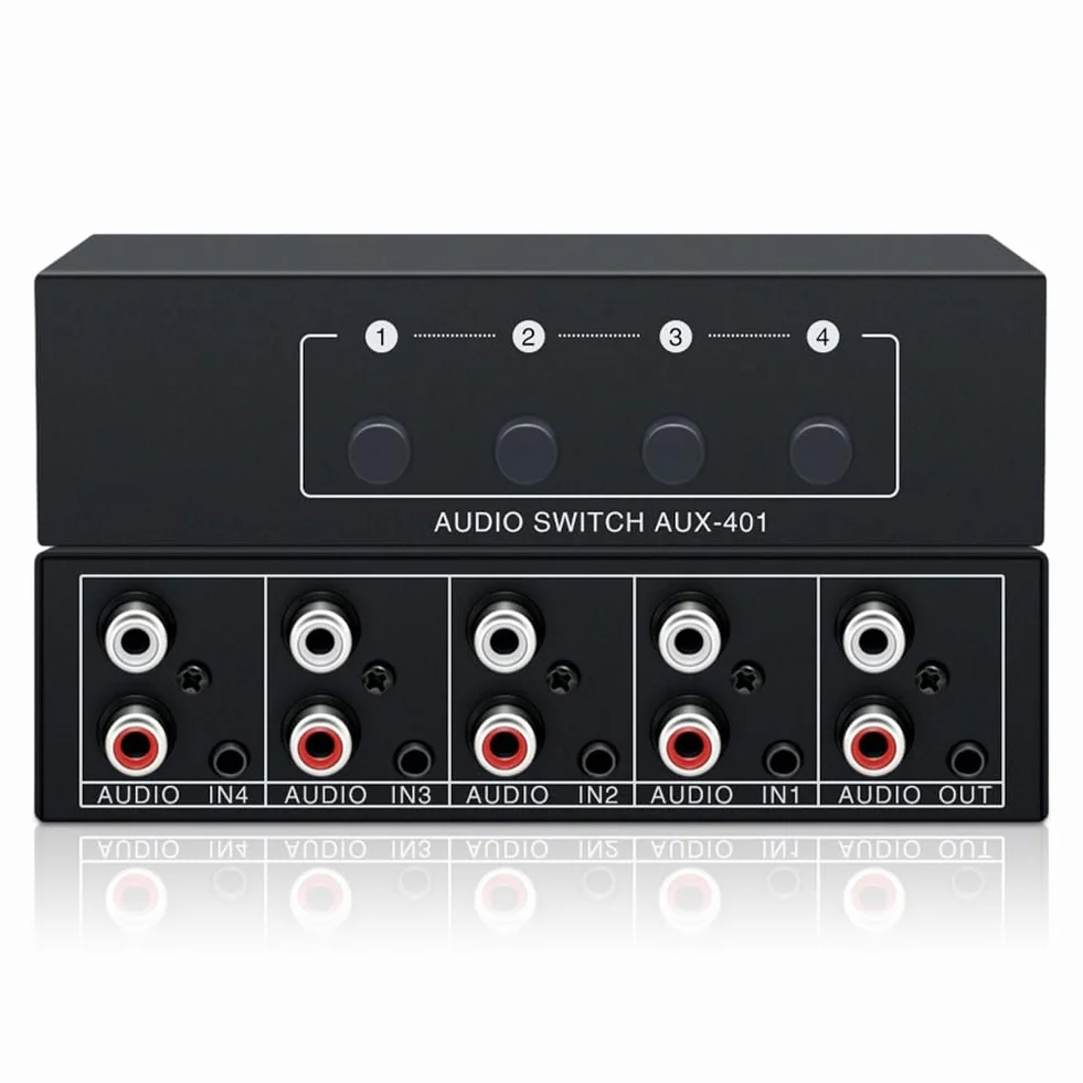Audio Switch 4 w 1 cinch rozdzielacz przełącznik AUX 3,5 mm pasywny stereo do słuchawek TV PC RCA