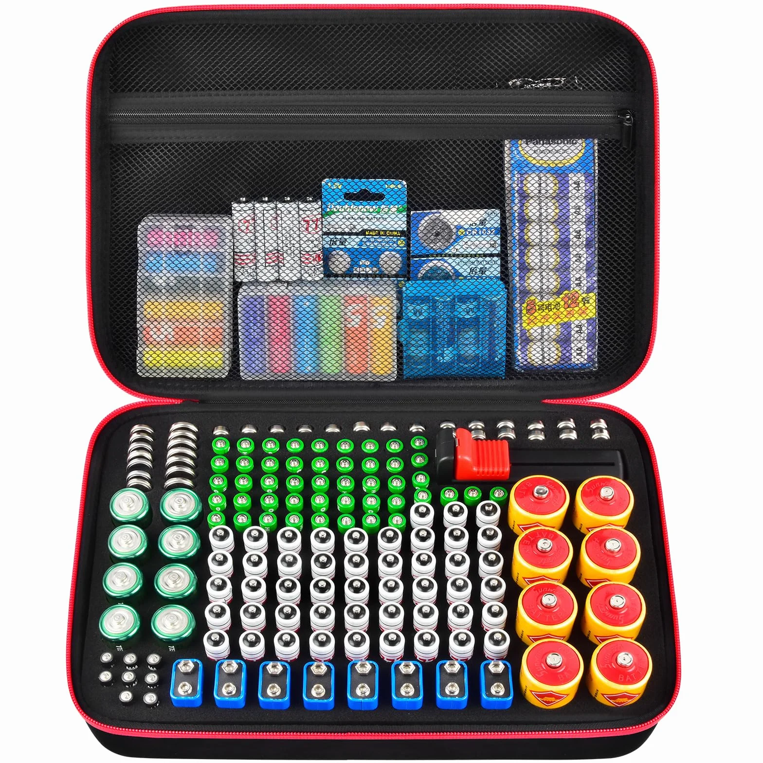 Organizer na baterie pudełko do przechowywania z testerem BT-168. Mieści 225 baterii AA AAA, C, D, ogniwo 9 V, 3 V, litowe (czarny, duży)