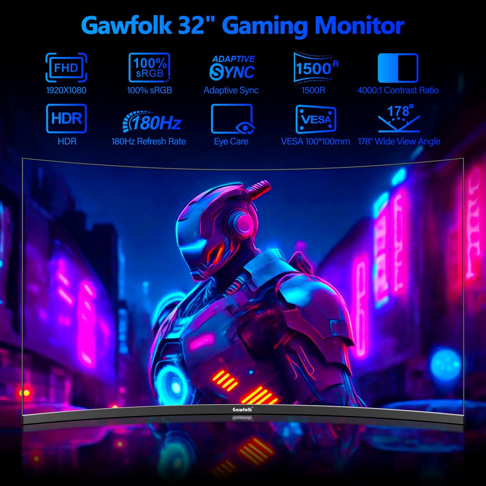 Gawfolk Zakrzywiony 32 Calowy Monitor Komputerowy, 1800R 144Hz 165Hz Wyświetlacz do Gier, Full HD 1080p Monitor do Domowego Biura, Biznesowy Komputer Osobisty, Ultracienka Ramka Zerowa