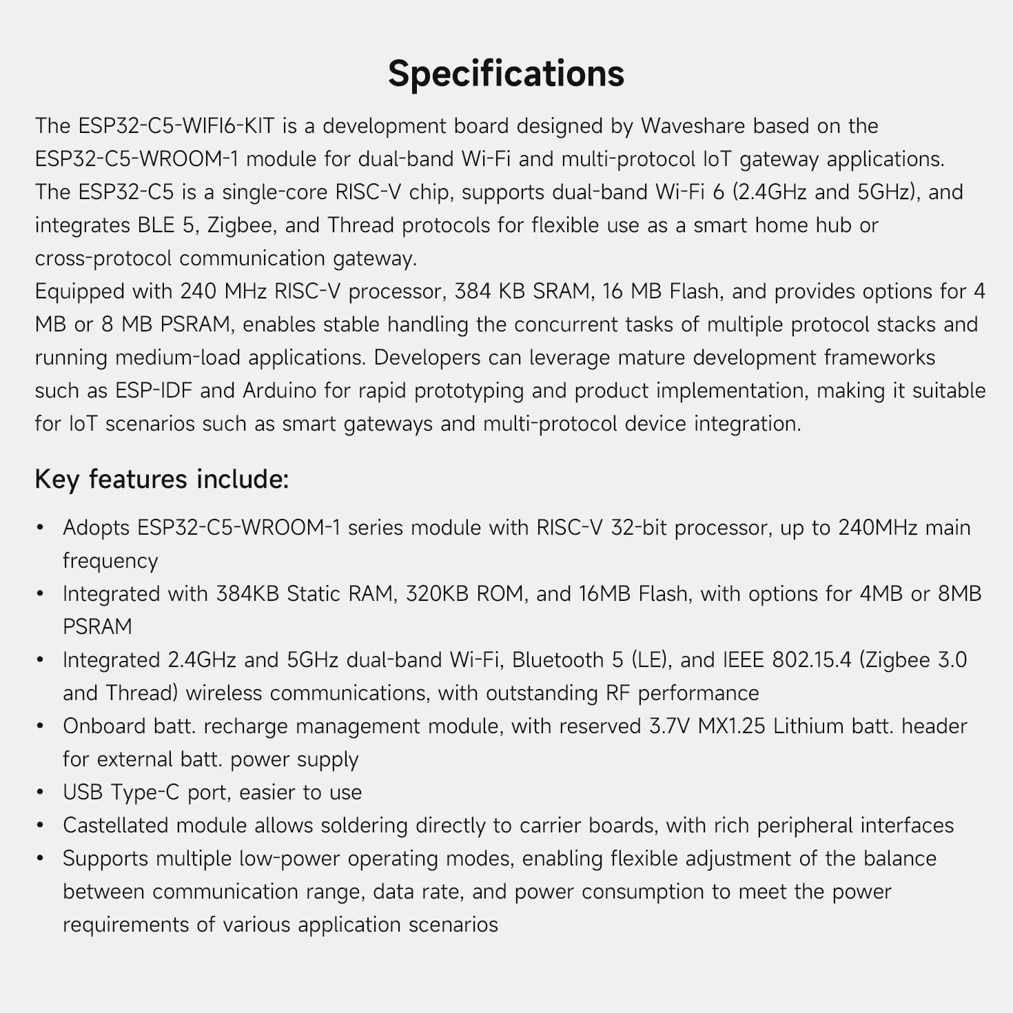 Waveshare ESP32-C5 Dual-Band Wi-Fi 6 Development Board, 16MB Flash and 8MB PStatic RAM, 240MHz RISC-V Processor, ESP32-C5-WROOM-1 Series Module, Multi-Protocol RISC-V MCU, Standard Version