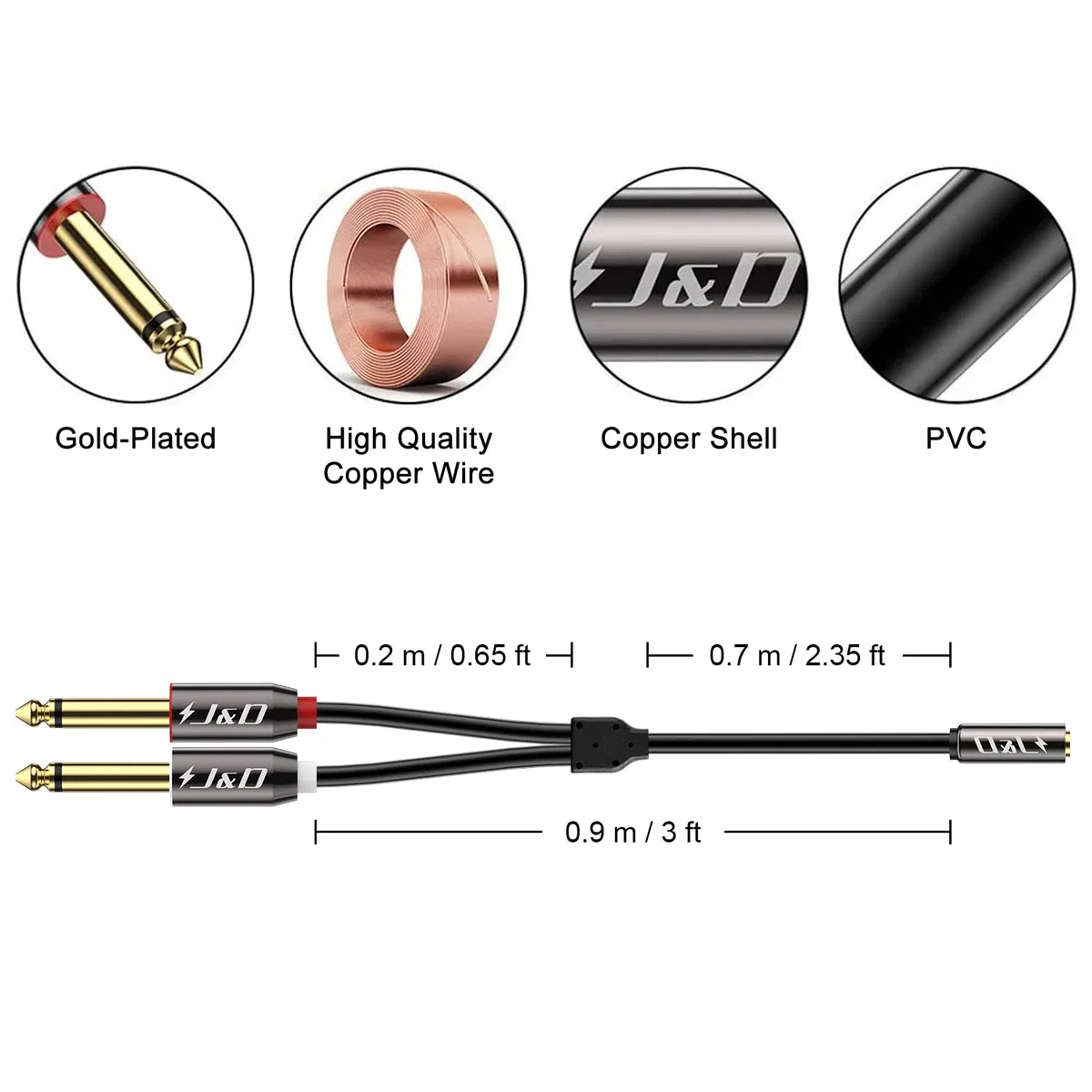 J&D kabel 3,5 mm do 2 x 6,35 mm, pozłacana miedziana powłoka wytrzymała 3,5 mm 1/8 cala żeński TRS do 2 x 6,35 mm 1/4 cala męski TS stereo adapter audio kabel do iPhone, wzmacniacze, 3 metry