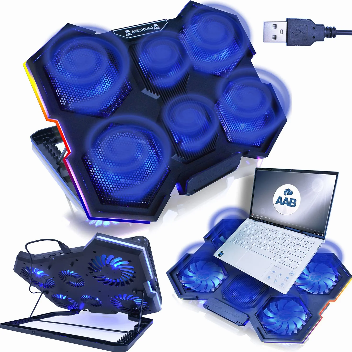 AABCOOLING Hurricane Podstawka chłodząca z 6 wentylatorami, solidna, chłodzenie notebooka, wydajność i niski poziom hałasu, podstawa do laptopa 15,6~17", 7-stopniowy kąt nachylenia, podświetlenie RGB