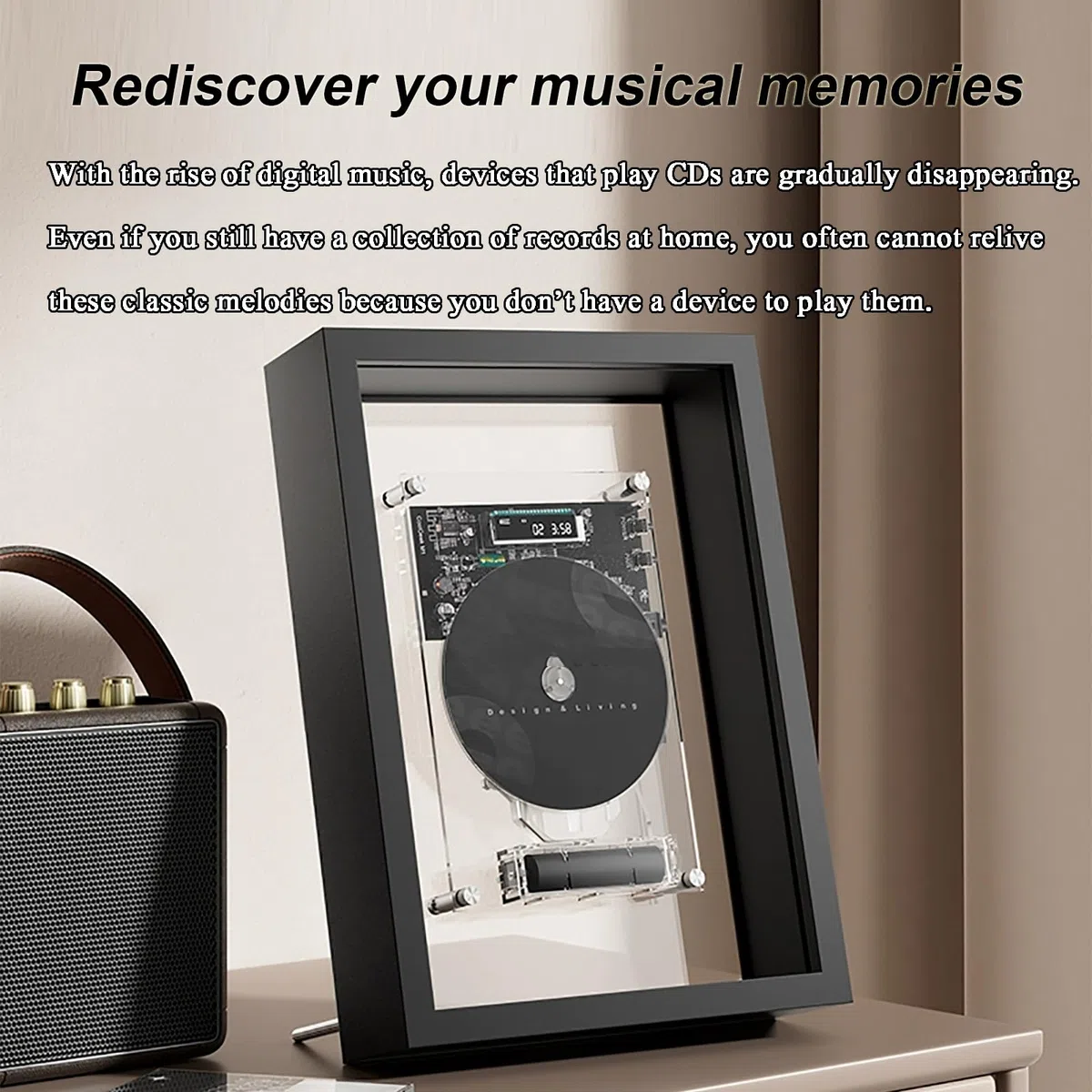Dekoracyjny odtwarzacz CD z muzyczną ramką na zdjęcia, pilot zdalnego sterowania, wyjście AUX Bluetooth 5.0/3,5 mm, 2 możliwości ustawienia – idealny do domu, biura i galerii