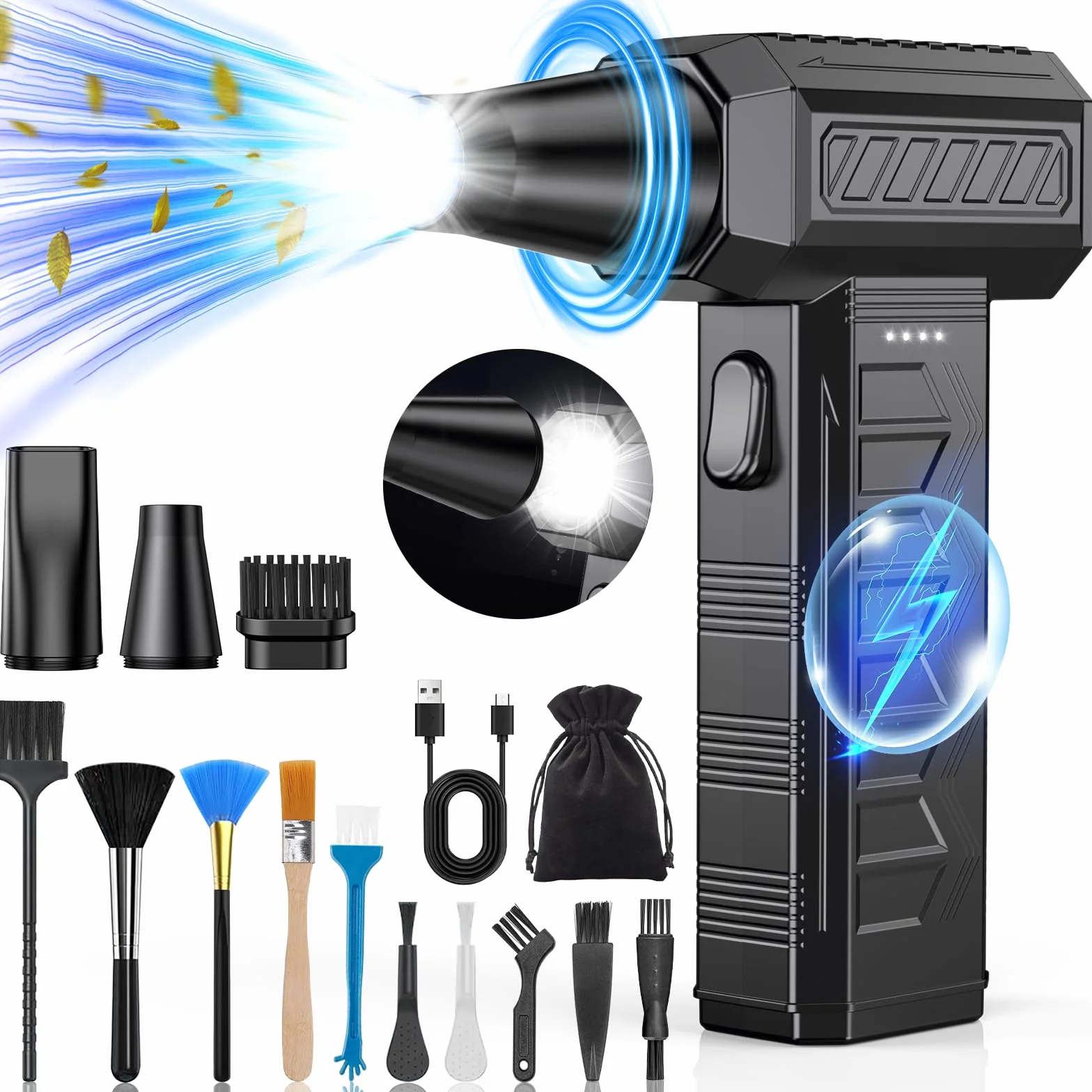 Elektryczna Dmuchawa do Kurzu ze światłem LED, 150000 obr./min 3 Biegowa Dmuchawa Air Duster, 6000mAh Sprężarka Powietrza Zamiennik Odkurzacz na Sprężone Powietrze do PC, Biura, Klawiatury