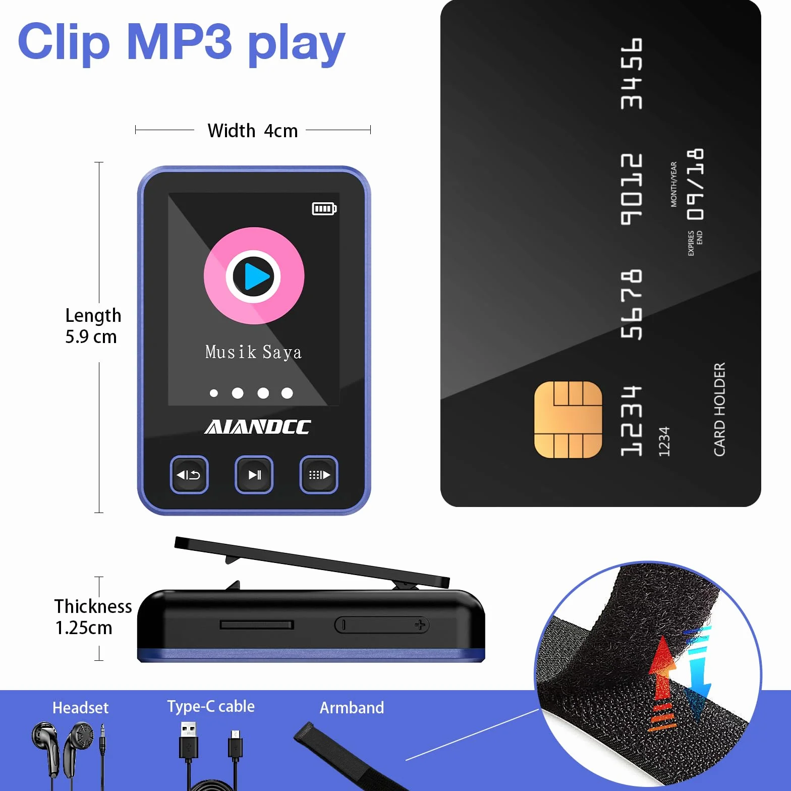 Odtwarzacz MP3 32 GB z funkcją odtwarzania muzyki Bluetooth, ekran 0,77", opaska, przewodowe słuchawki w zestawie, do biegania, studia fitness, zielony
