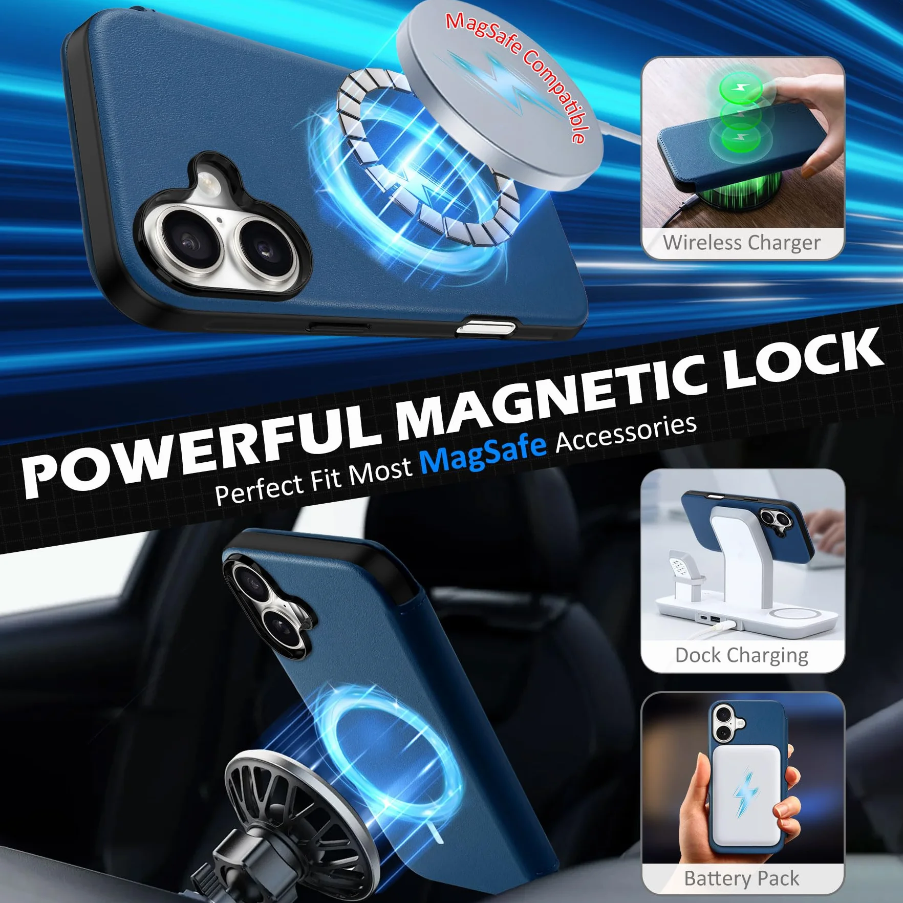 Shieldon Etui Skórzane Portfelowe iPhone 17 Magnetyczne Ladowanie Bezprzewodowe RFID Odporne na Wstrząsy Królewski Niebieski