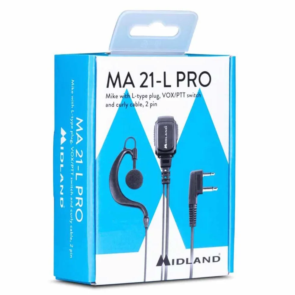 Midland Mikrofon MA21-L PRO ze spiralnym przewodem, zestaw słuchawkowy mono, przełącznik VOX/PTT i złącze L, 2pin, czarny