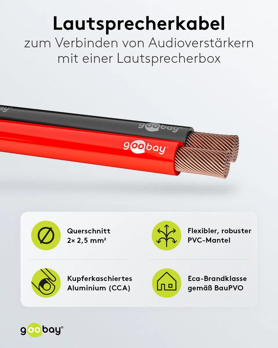 Goobay 67735 kabel głośnikowy 2 x 2,5 mm² przewód CCA/kabel audio na metry/Speaker Cable kabel kablowy kabel audio/kabel do subwoofera/czerwony czarny / 10 m