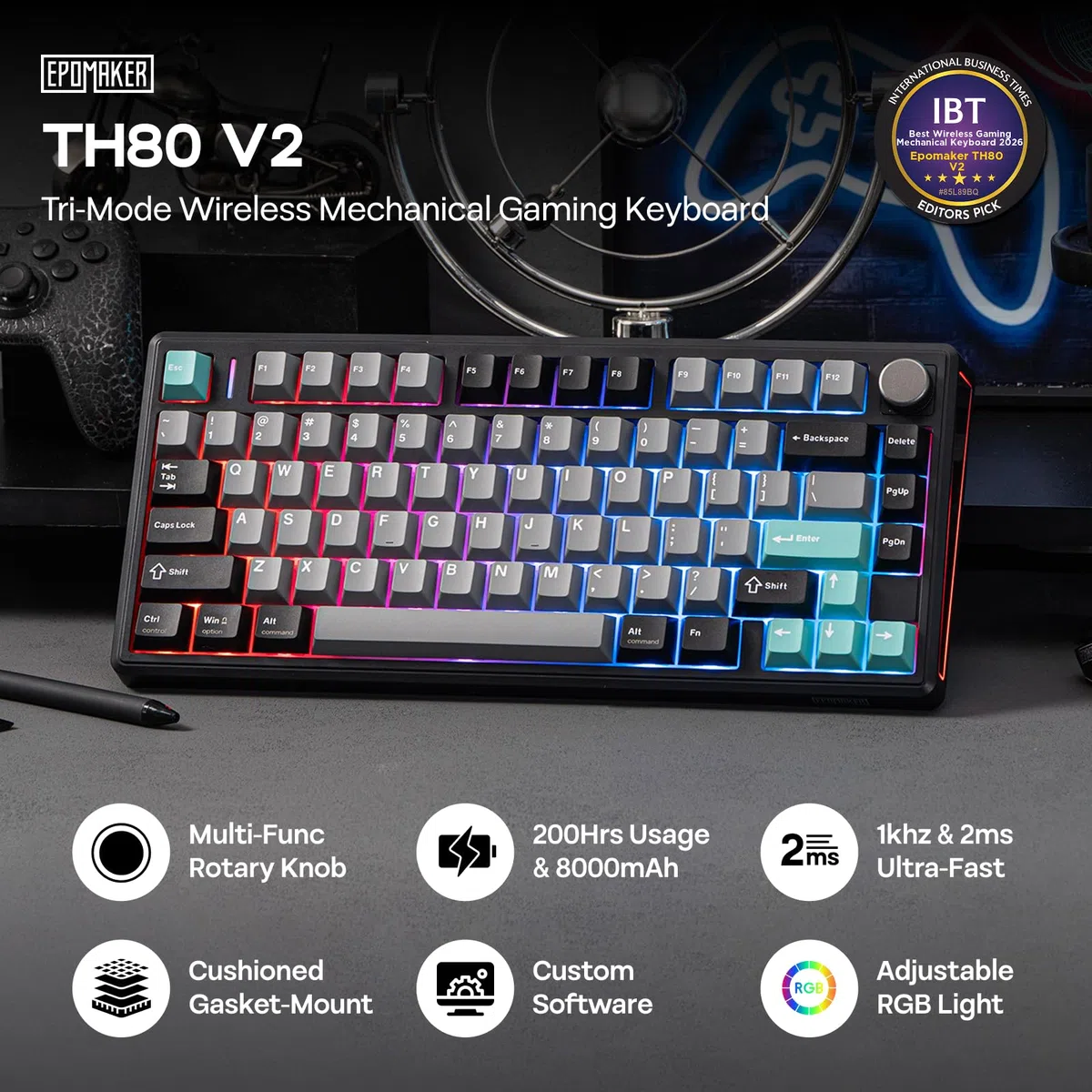 EPOMAKER TH80 V2 75% bezprzewodowa klawiatura mechaniczna do gier, 8000mAh & 2,4G/BT, możliwość wymiany, modyfikator Mac, RGB, programowalne klawisze i przycisk, kremowa klawiatura dla Mac/PC (Czarny