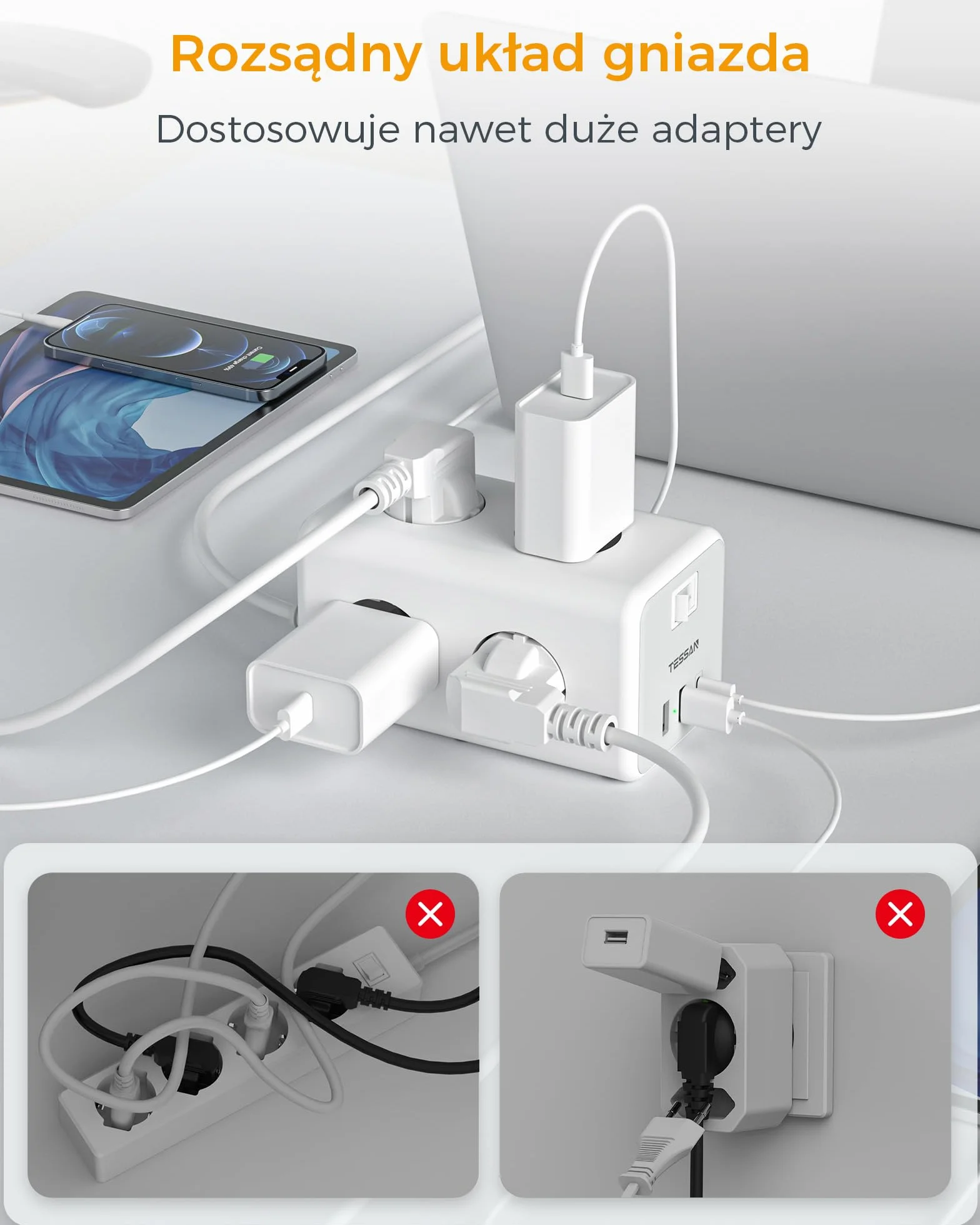 TESSAN Listwa zasilająca USB C, 9 w 1 przedluzacz elektryczny z 3 USB porty, listwy zasilające z wyłącznikami, przedłużacz elektryczny 2M, listwa USB do domu, biura, 3600W, szaro biały