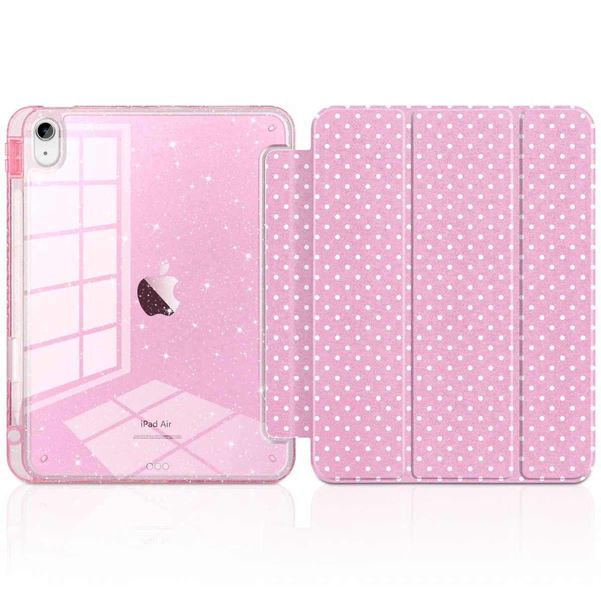 MEEgoodo Etui na iPada Air 33 cm 2026(M4) / 2025(M3) / 2024(M2), brokatowe etui na tablet z przezroczystym akrylowym tyłem + potrójnie składany stojak + uchwyt na ołówki + automatyczne budzenie