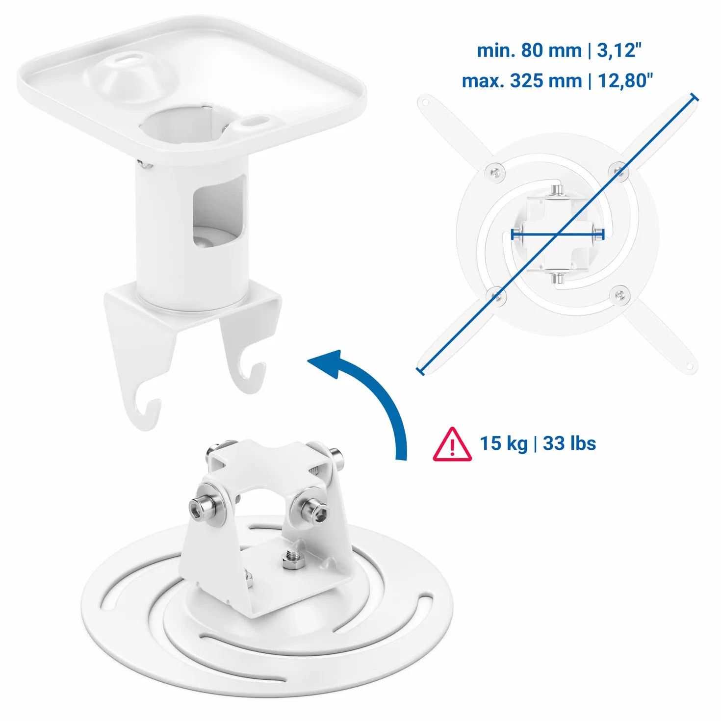 deleyCON uchwyt sufitowy do projektora 15 kg 215 mm obrotowy 360° biały