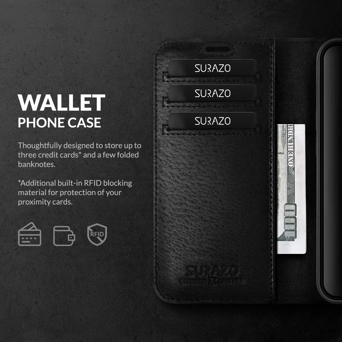 SURAZO Skórzane etui na telefon komórkowy Apple iPhone 16 – składane etui ochronne z prawdziwej skóry [z przegródką na karty, ochroną RFID, funkcją stojaka, ochrona aparatu, szkło] Etui z klapką,