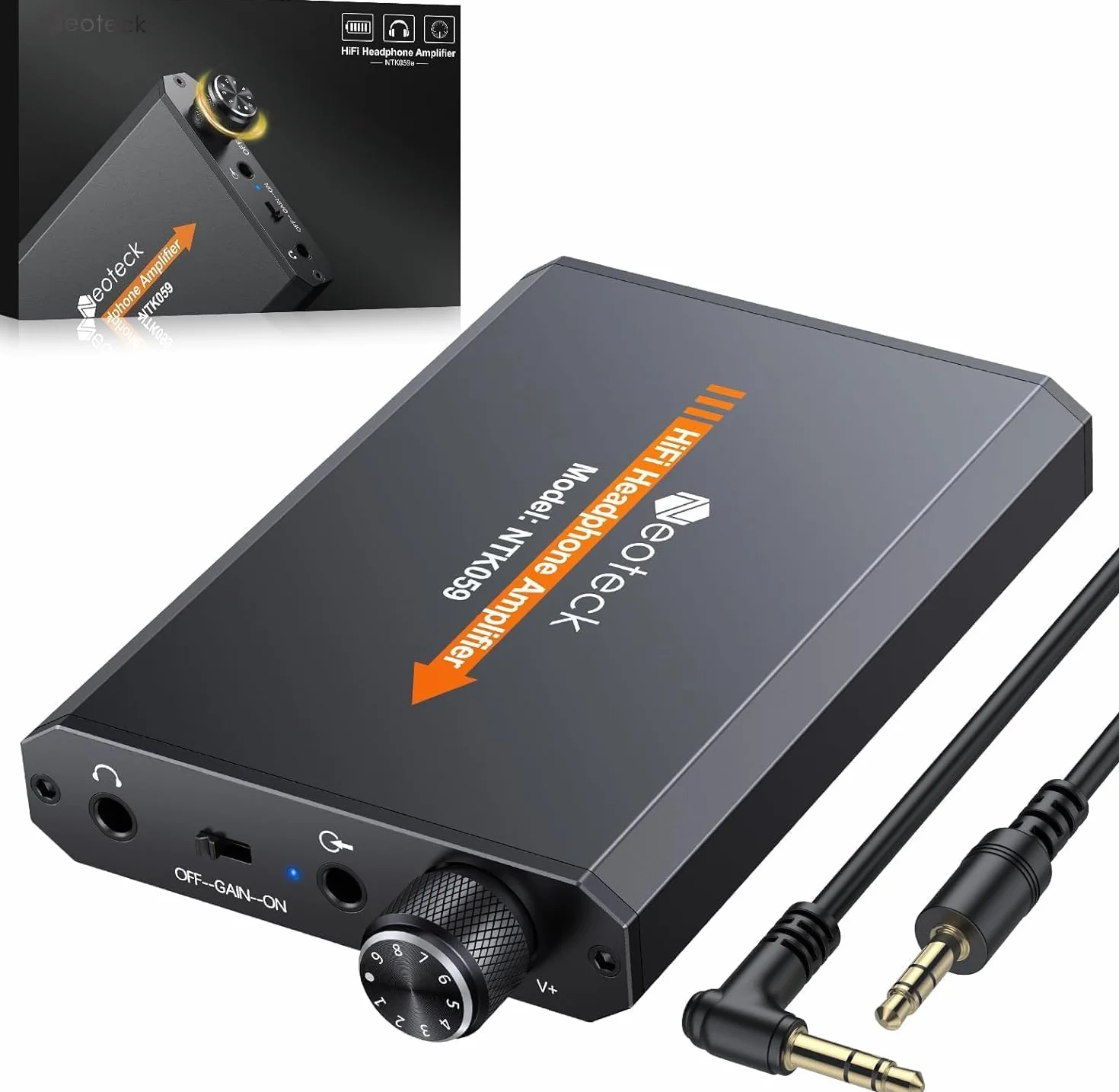 Neoteck Wzmacniacz słuchawkowy 3,5 mm, dwustopniowy przełącznik wzmocnienia, przenośny wzmacniacz słuchawkowy hi-fi, aluminiowa powierzchnia matowa