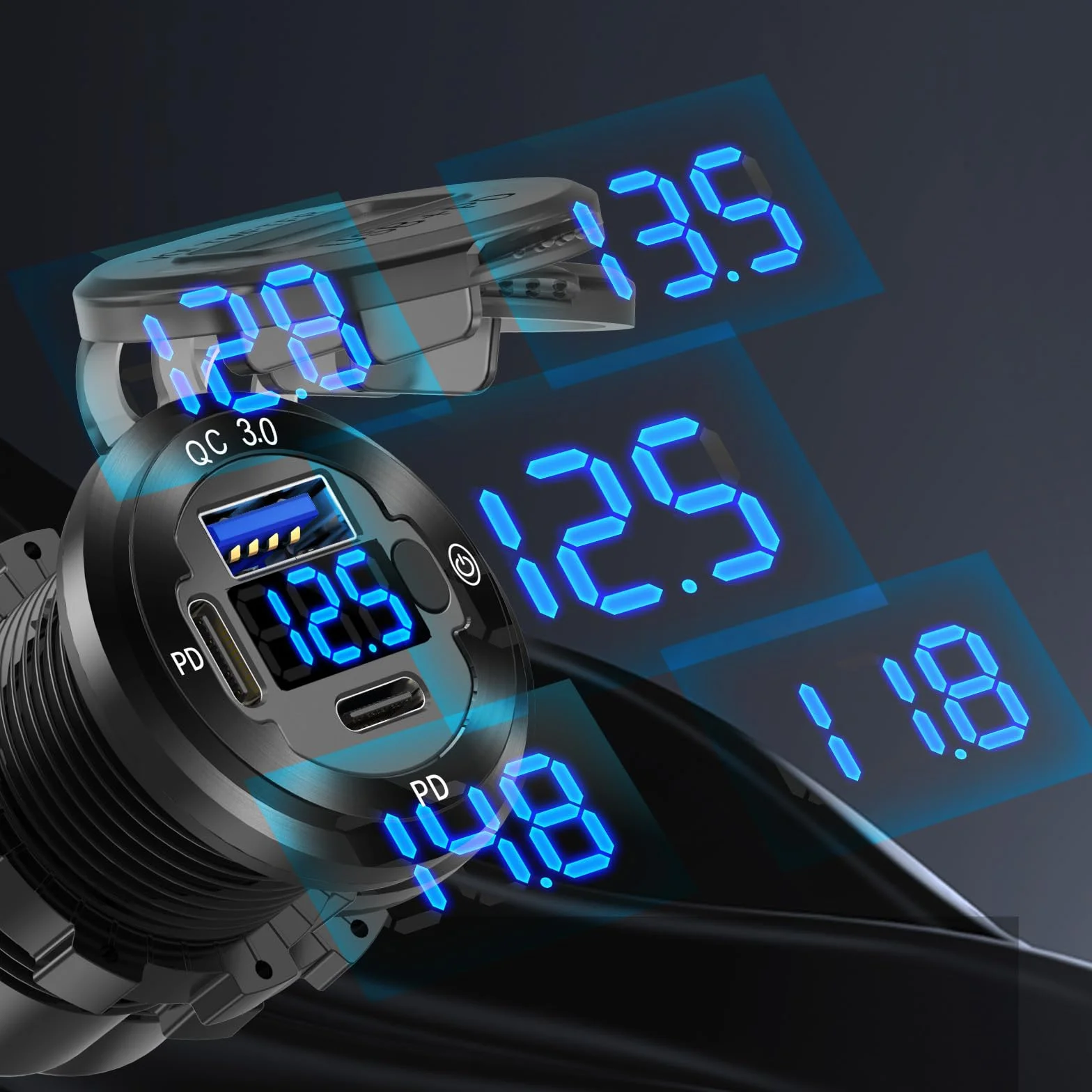 2-pak 12 V USB gniazdo samochodowe okrągłe gniazdo USB C 12 V, 3-portowa szybka ładowarka morska, wodoodporna, zamiennik gniazda papierosowego, aluminium, z przełącznikiem i woltomierzem, odpowiednie