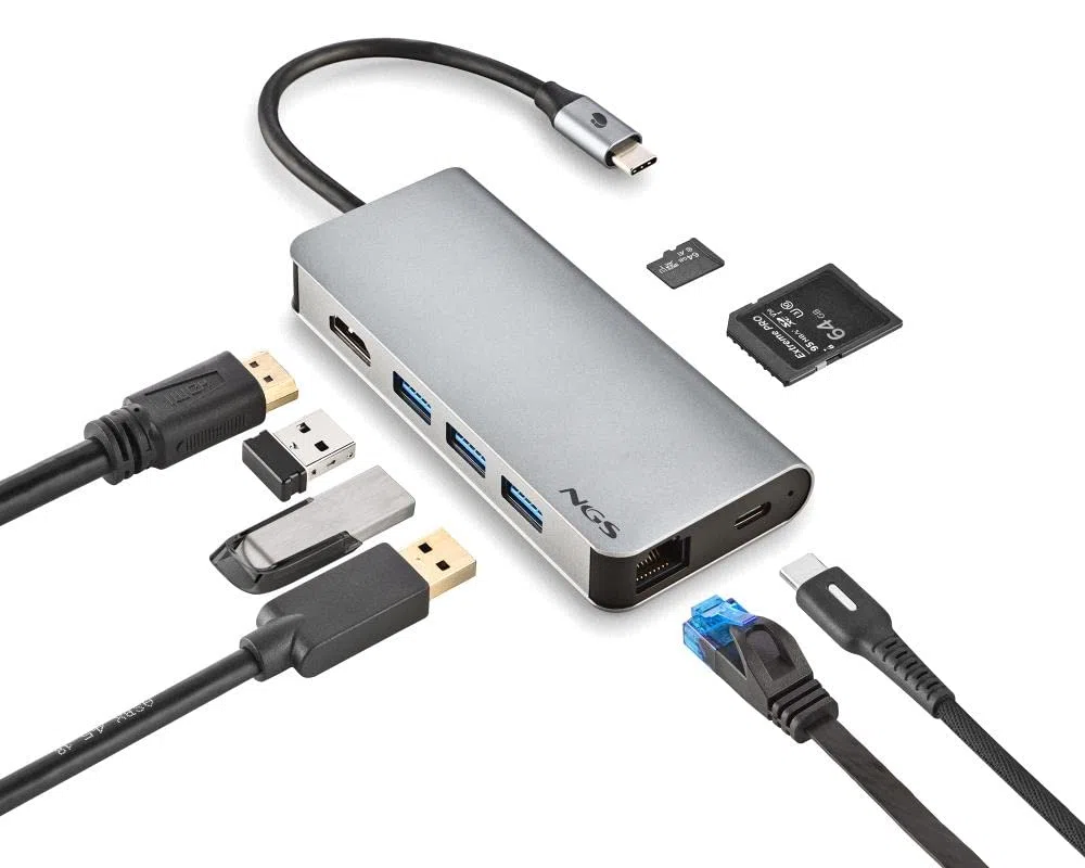 NGS WONDER DOCK 8-8 w 1, hub USB-C, adapter wieloportowy (USB 3.0, USB-C, z ładowaniem PD, HDMI, czytnikiem kart SD/TF oraz LAN - RJ45). Kompatybilny z urządzeniami z USB-C