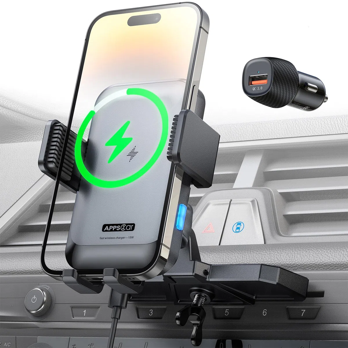 APPS2Car Bezprzewodowa ładowarka samochodowa z gniazdem CD, automatyczna blokada, szybkie ładowanie 15 W, samochodowy uchwyt na telefon kompatybilny z iPhone 16 15 14 13 12 Pro Max, Samsung | Wytrzymały uchwyt samochodowy na telefon do iPhone'a 17 16 15 1