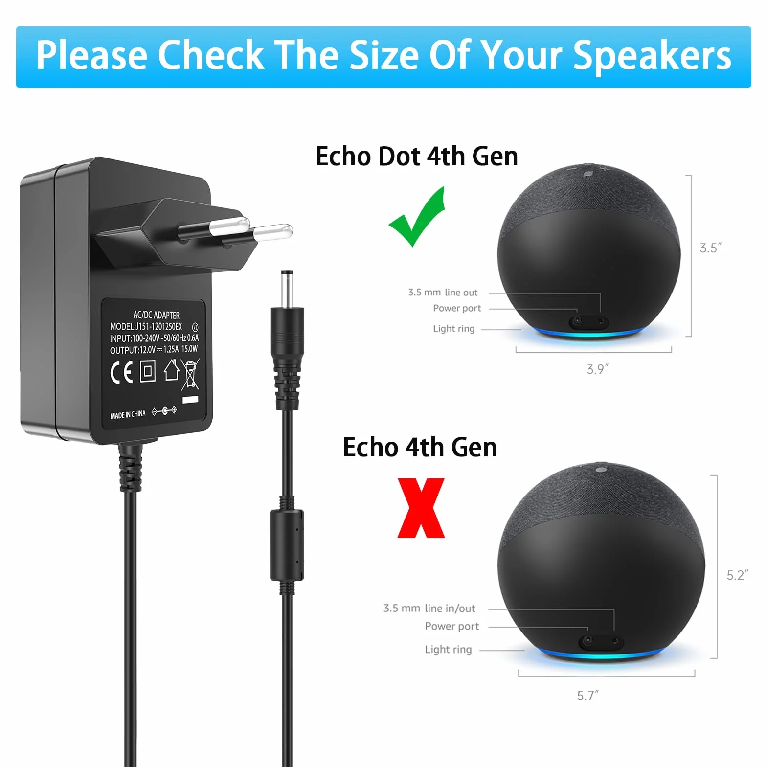 Zasilacz sieciowy 15 W do Echo Dot 3. 4. 5. gen, Show 5 1. 2. gen, Spot, Dot 3., Fire TV Cube, Echo Pop 2023