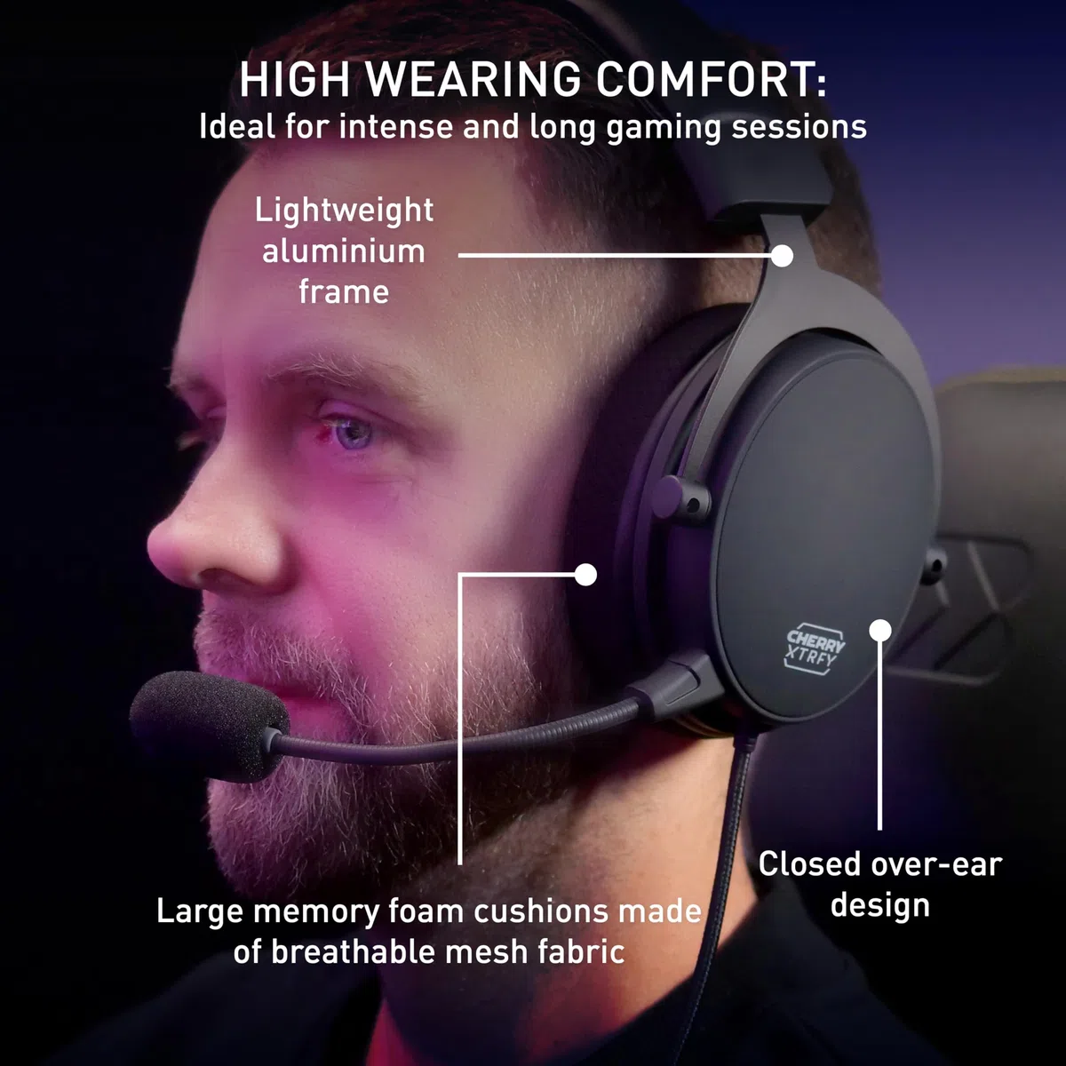 CHERRY XTRFY H2, Profesjonalny Zestaw Słuchawkowy Do Gier, Zoptymalizowany Pod Kątem E-Sportu, Duże Nauszniki z Pianką z Pamięcią Kształtu, Pleciony Kabel, Czarny