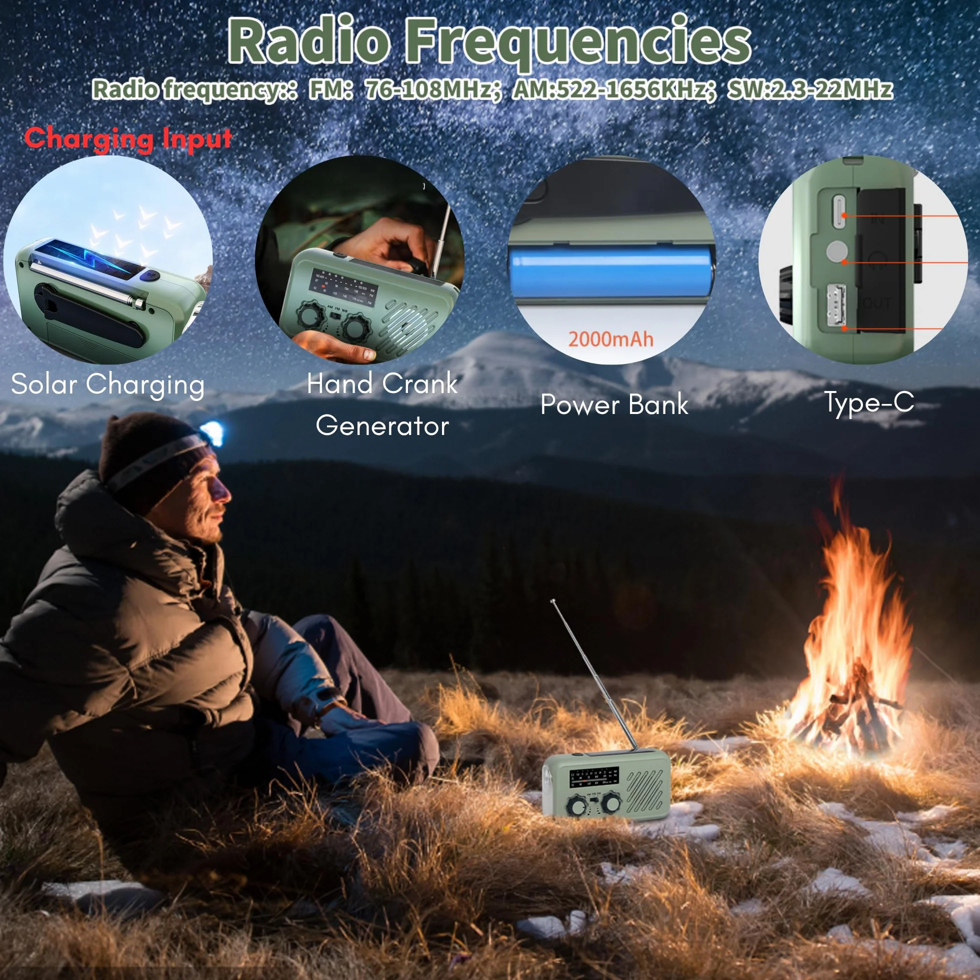Radio awaryjne AM/FM z korbą solarną, dynamo, powerbank 2000 mAh, LED na kemping
