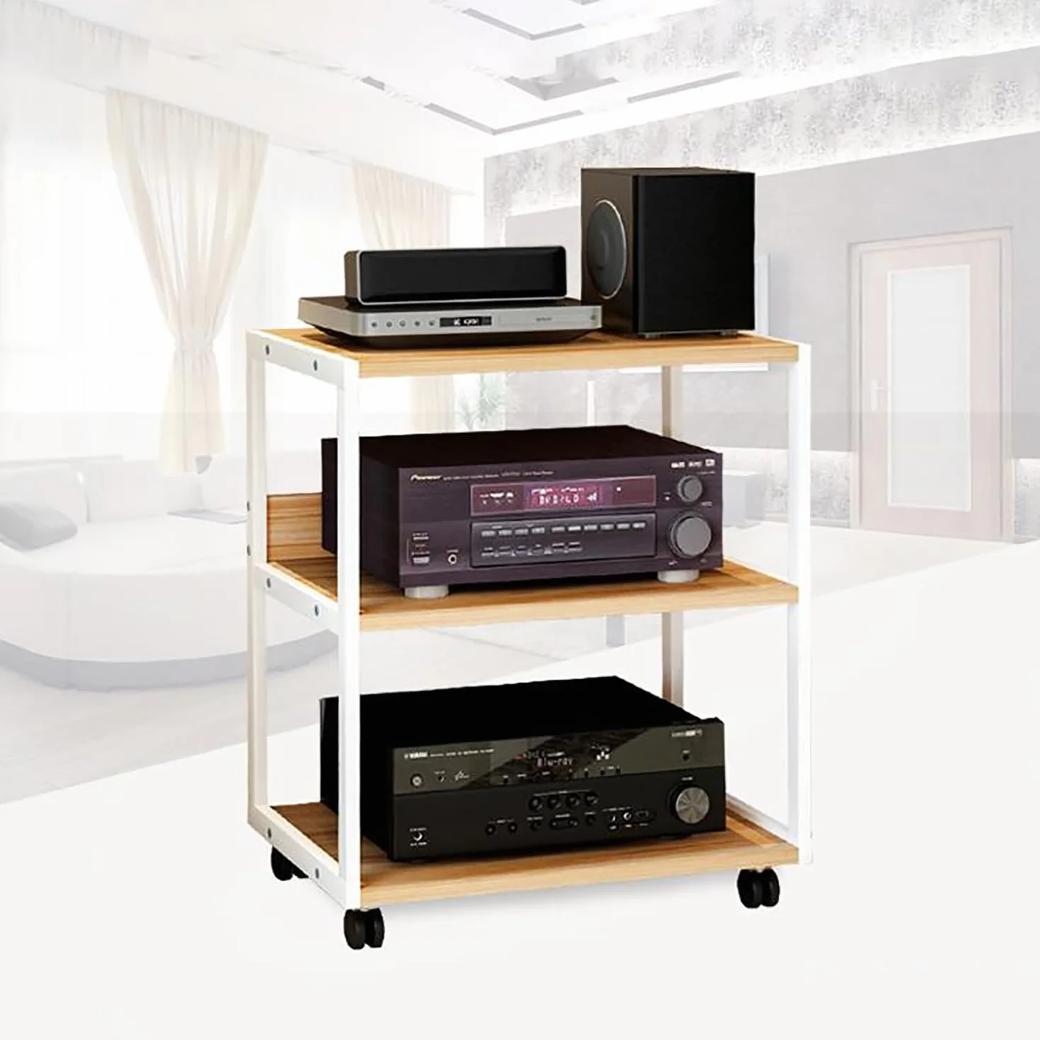 Drewniany stojak na nośniki AV z kółkami, półka narożna na konsole do gier i akcesoria telewizyjne, wieża stereo audio, wiele schowków do studia nagraniowego.