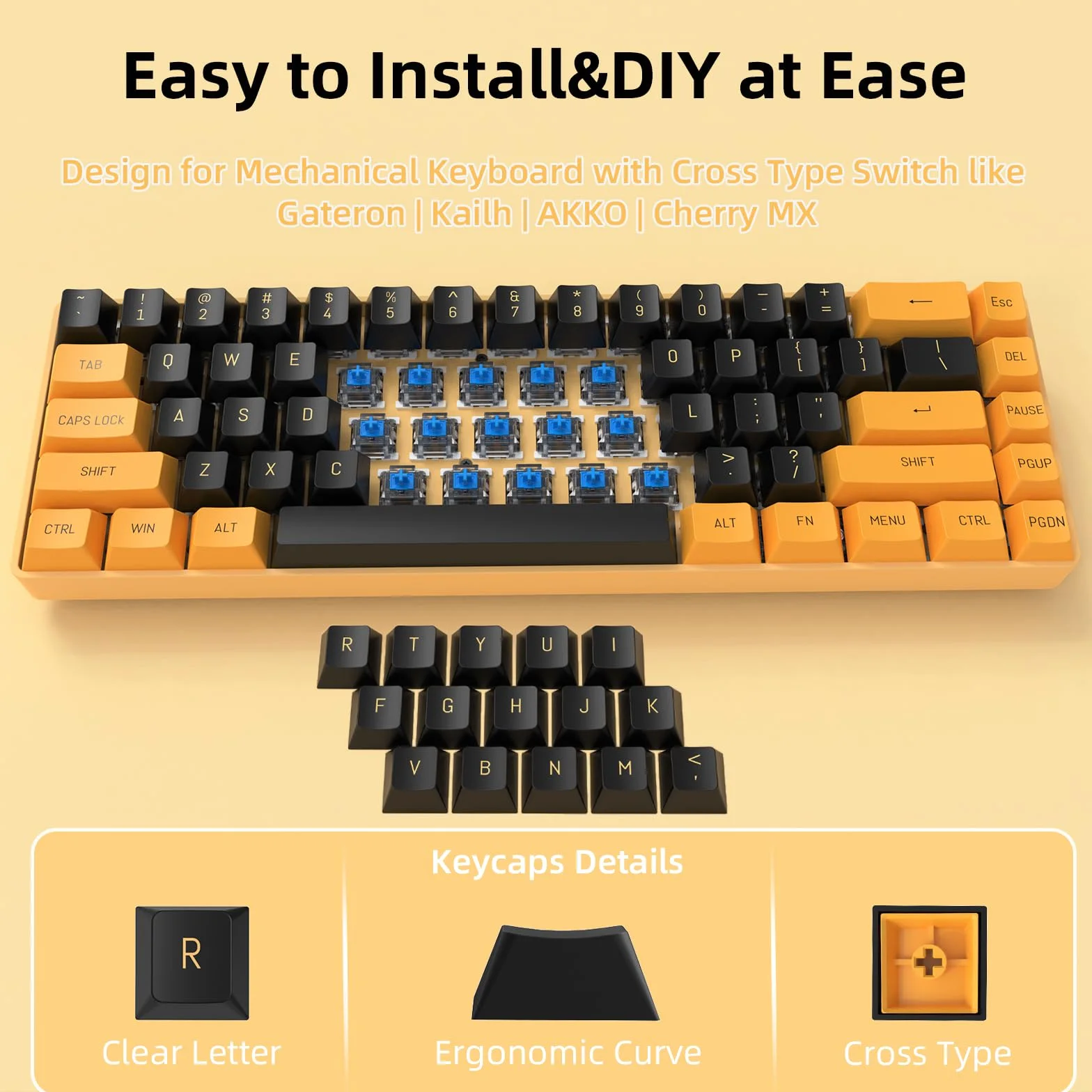 Pełny zestaw klawiszy PBT OEM z podwójnym strzałem do klawiatur mechanicznych ANSI. Obsługuje Cherry/Gateron/Kailh/Akko i inne przełączniki MX. Tylko nasadki klawiszy-czarno-żółte (150 klawiszy)