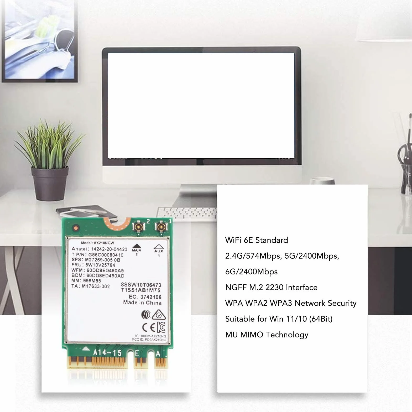 Karta Wi-Fi AX210NGW WiFi 6E M.2 do Laptopa 2.4G/574 Mb/s 5G/2400 Mb/s 6G/2400 Mb/s Bluetooth 5.3 WPA3
