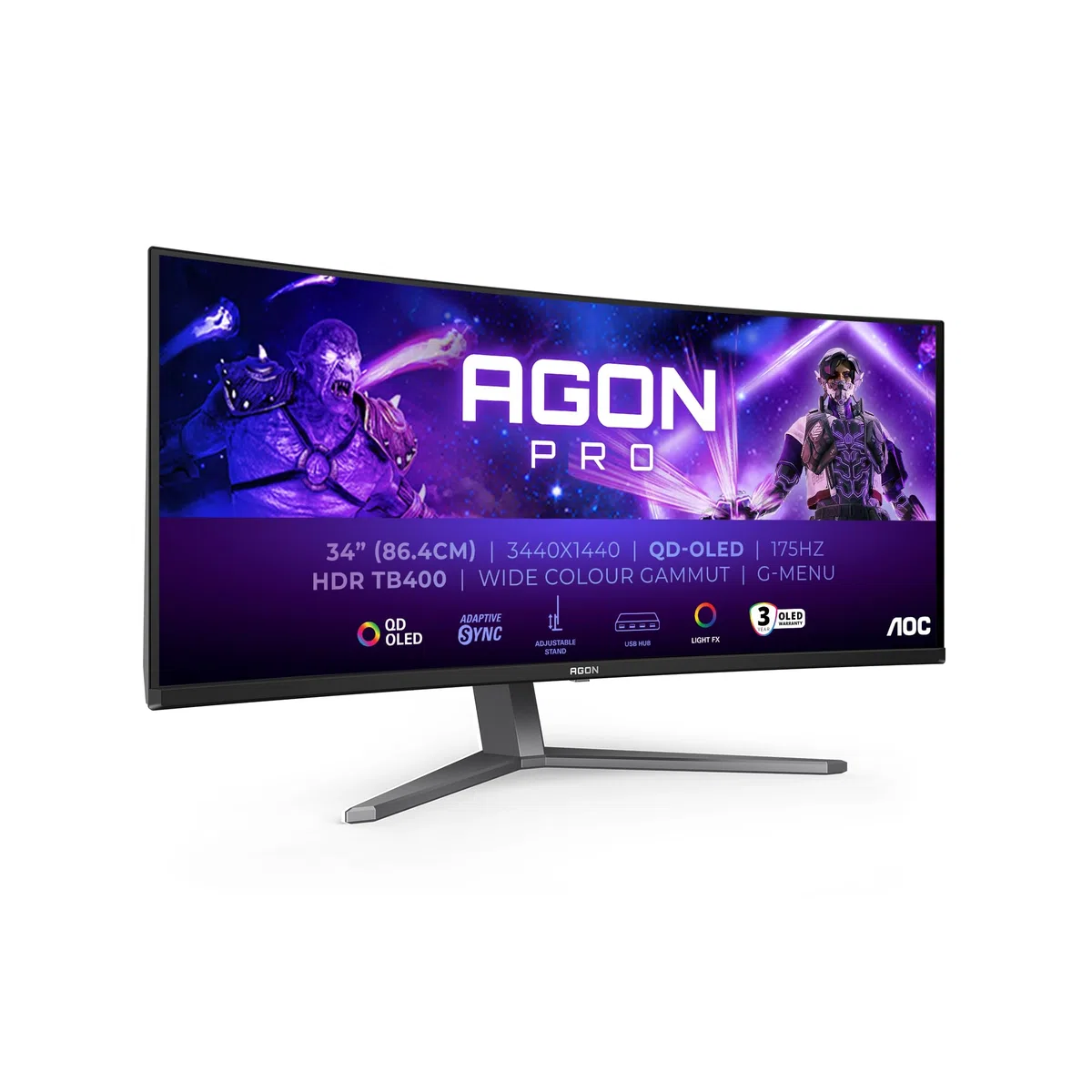 AOC Zakrzywiony monitor, AG346UCDAM 34 Cal 175 Hz QD-OLED Płytka, 0.03ms GtG, HDR400 TrueBlack, FreeSync Premium, G-Sync Kompatybilny, głośniki, USB Hub(3440x1440 HDMI 2X 2.0 DP 1x 1.4) Czarny