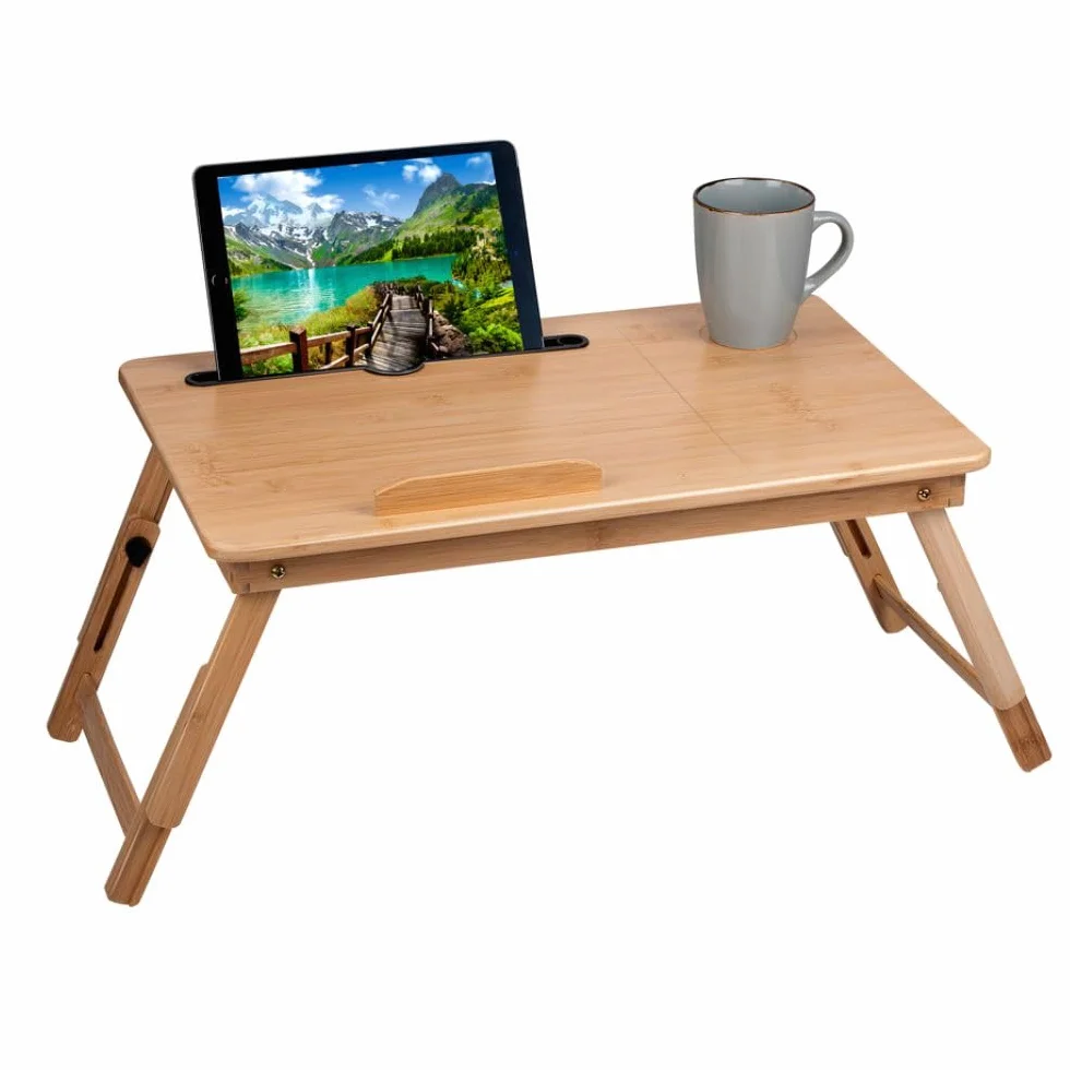 Stolik pod laptopa regulowany – stolik pod laptopa – stojak na laptopa – 21,5 x 27,5 cm – składany stolik – z uchwytem na napoje i miejscem na tablet – drewno bambusowe, brązowy