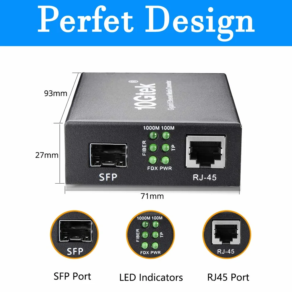 HiFiber Gigabit Ethernet konwerter mediów, 1,25 G SFP na RJ45, włókno szklane na miedziane, z nadajnikiem SFP (1000Base-LX, 20 km, jednomodowy)