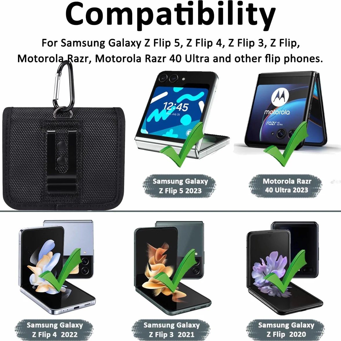 Miimall Etui na telefon Samsung Galaxy Z Flip 5, nylonowe etui na telefon z klipsem na pasek, odporne na zużycie, etui na talię do Galaxy Z Flip 4/Flip 3, Motorola Razr 40 Ultra, Huawei P50