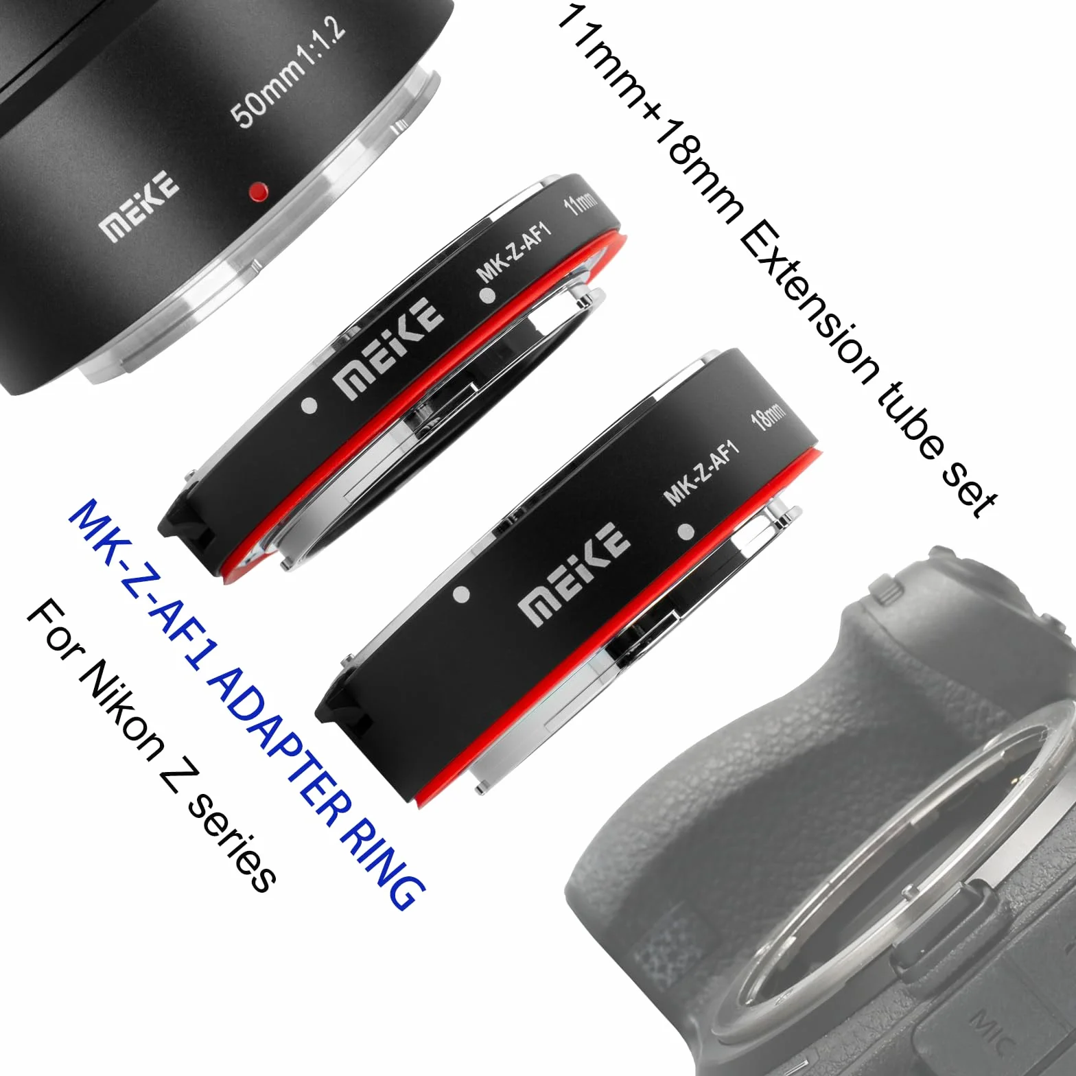 Meike MK-Z-AF1 Pierścień adaptera rurki przedłużającej makro do automatycznego ustawiania ostrości (11 mm + 18 mm) kompatybilny z Nikon Z5 Z6 Z7 Z50