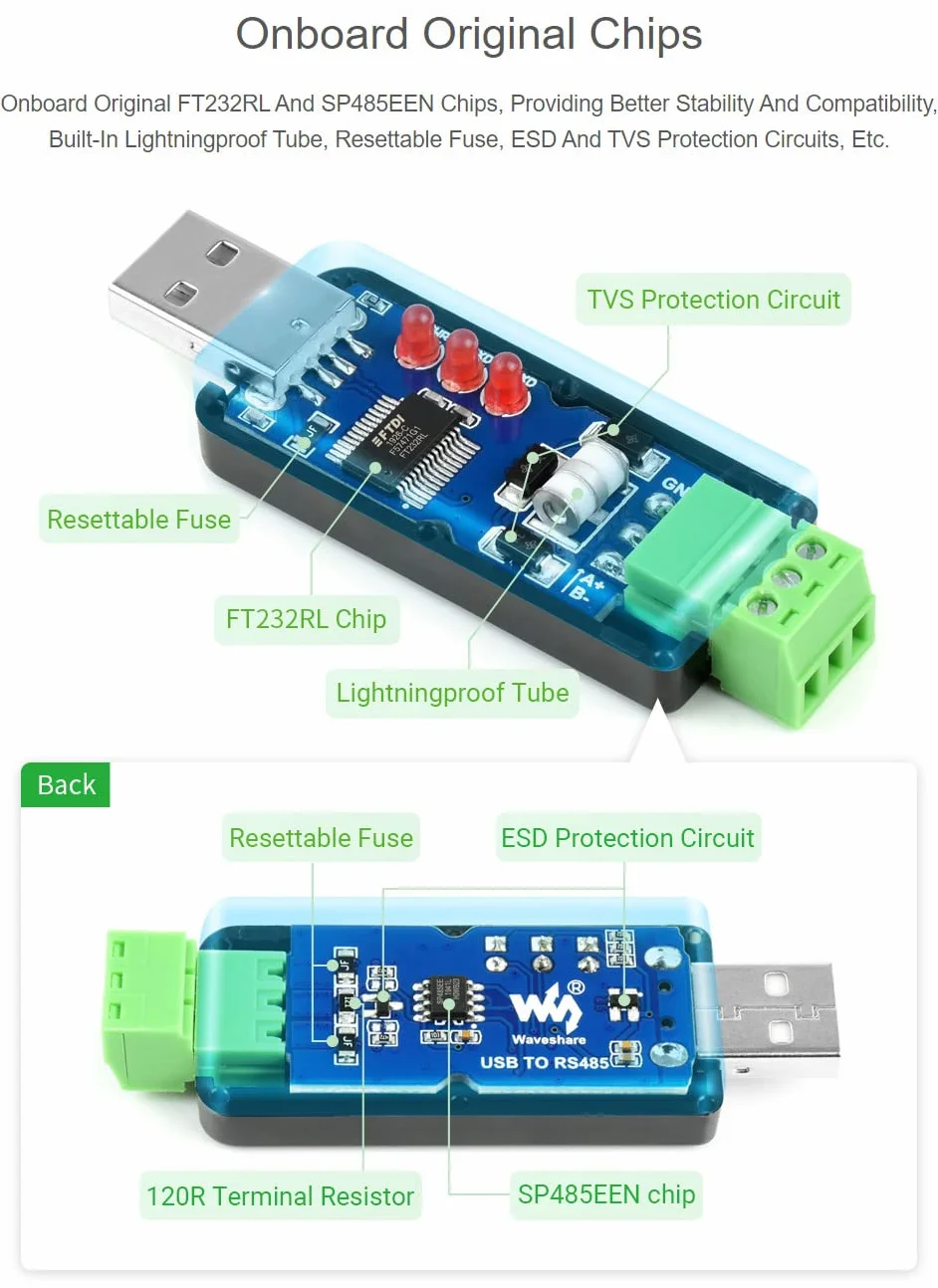 Waveshare Industrial USB to RS485 Converter with Original FT232RL Automatic Transceiving Embedded Protection Circuits Such as Fuse ESD Protection and TVS Diode