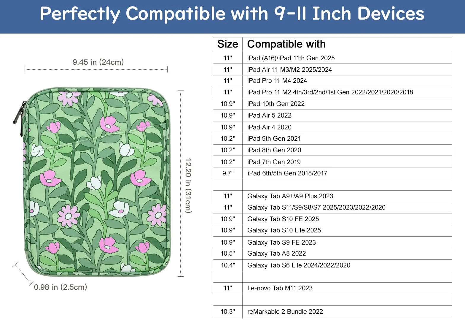 Dadanism 9-11 Inch Tablet Sleeve fits iPad 10.2 2021-2019, iPad Pro 11 2021-2018, iPad Air 4 10.9 2020, Galaxy Tab A8 10.5 2022, Tab A7/S6 Lite 10.4 2020 Tablet Protective Sleeve Bag, Papaver Rhoeas