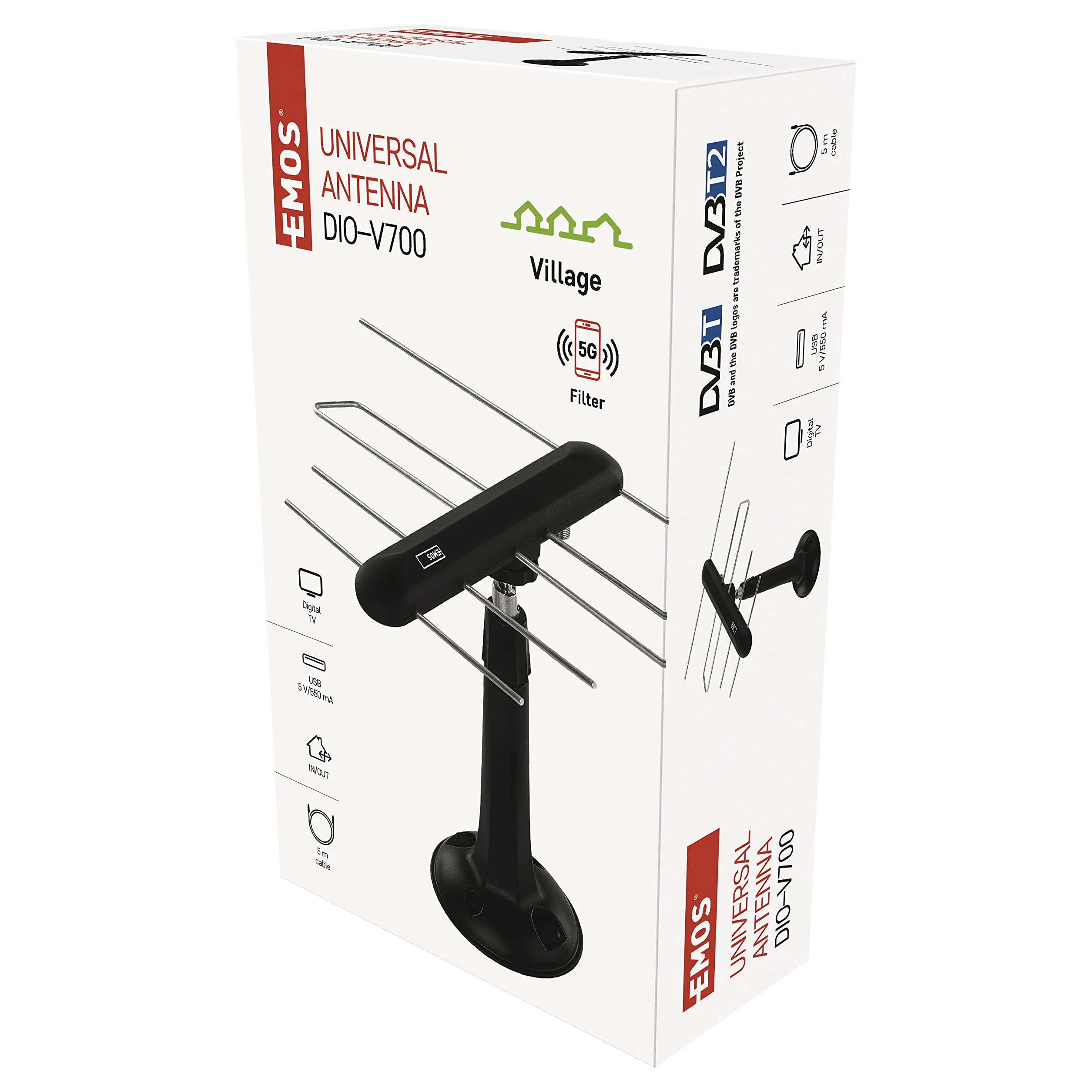 EMOS antena telewizyjna DVB-T2 uniwersalna wewnątrz zewnątrz filtr 5G wzmacniacz HDTV Full-HD 0-80 km