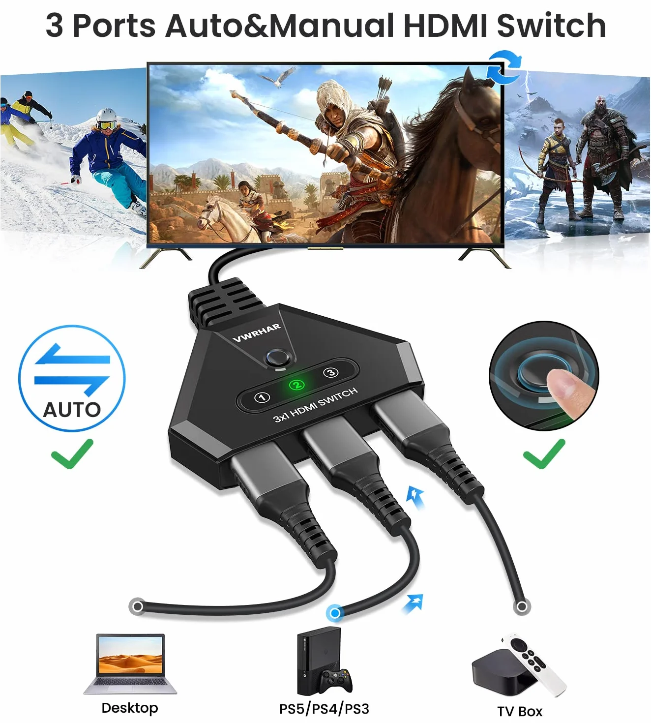 Przełącznik HDMI 4K Automatyczny/Ręczny 3 w 1 - Obsługuje 4K/3D/HDR/UHD/1080P, Kompatybilny z Xbox, PS5/4/3, Blu-Ray, Firestick, Apple TV