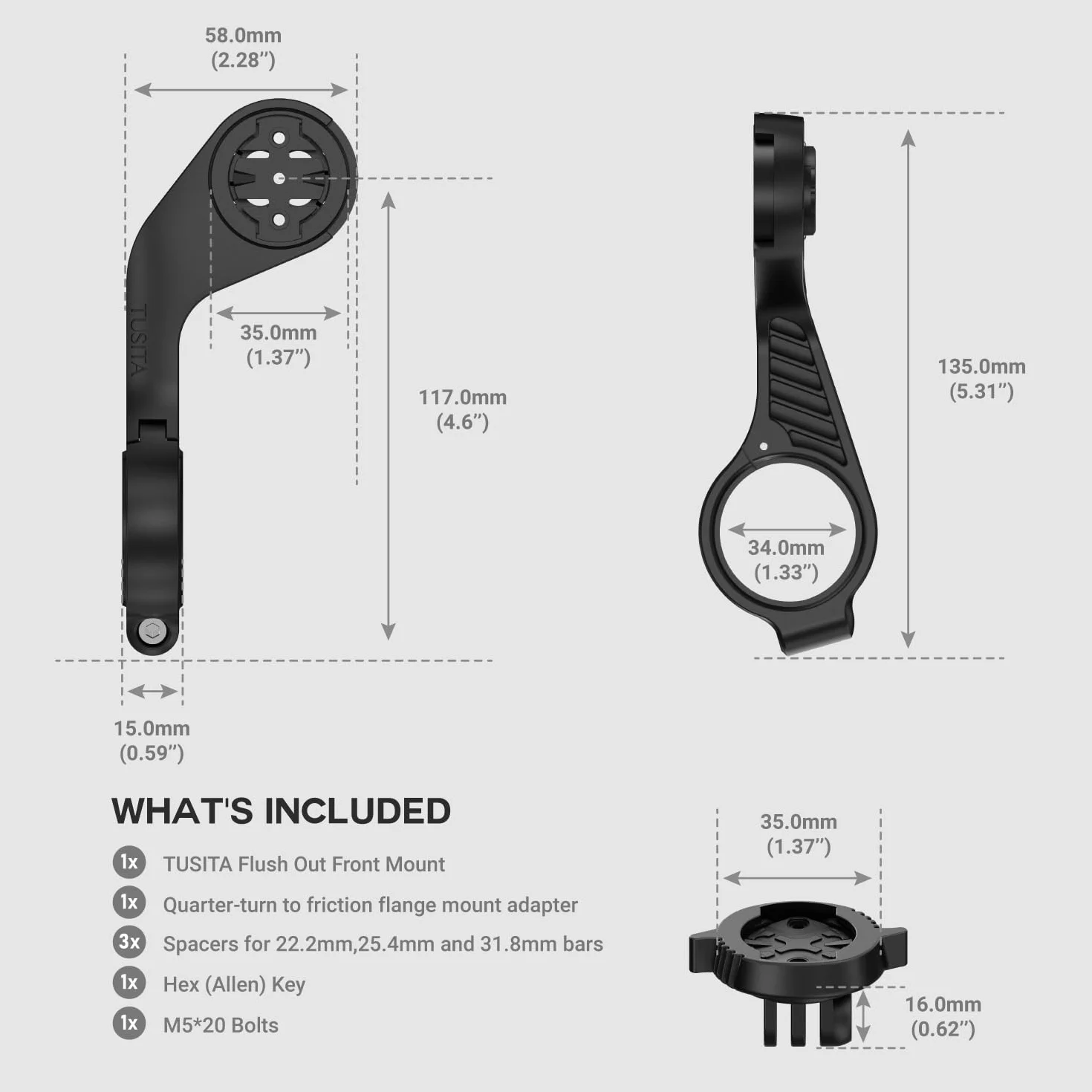 TUSITA Przedni Zlicowane Uchwyt Kompatybilny z Garmin Edge GPS Komputer Rowerowym, Ćwierć Obrotu do Kołnierzem Ciernym Adapter do Mocowania