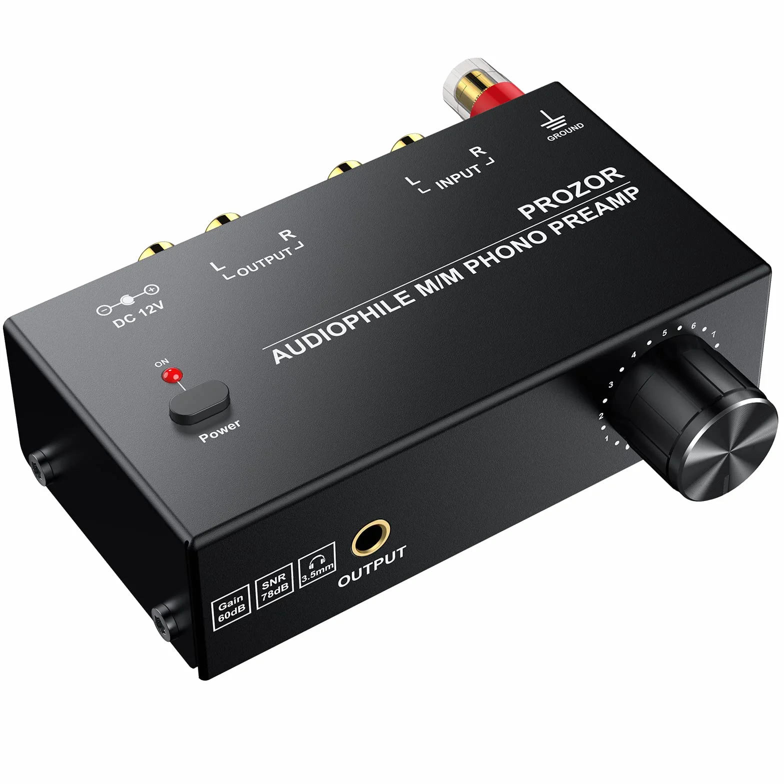 PROZOR Przedwzmacniacz gramofonowy M/M do gramofonów 3.5mm jack 12V/1A z magnetycznym pierścieniem zasilającym Regulacja poziomu Optyczna na złączach wejściowych i wyjściowych RCA