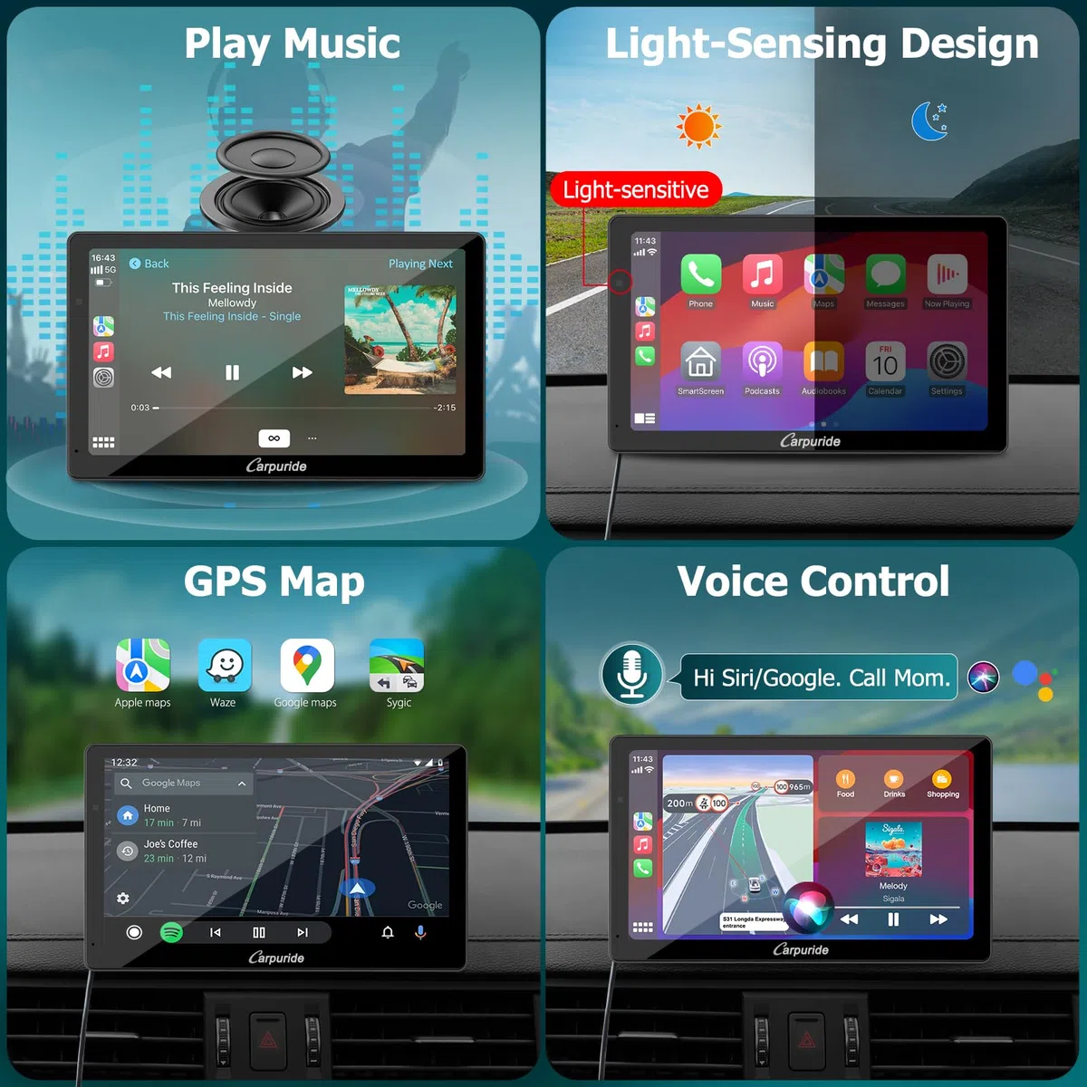 Carpuride W703 przenośny bezprzewodowy system Carplay i Android Auto z kamerą rozdzielczą – 7-calowy ekran HD IPS, kamera przednia 4K i kamera cofania 1080p, nagrywanie w pętli, GPS, Siri, muzyka,