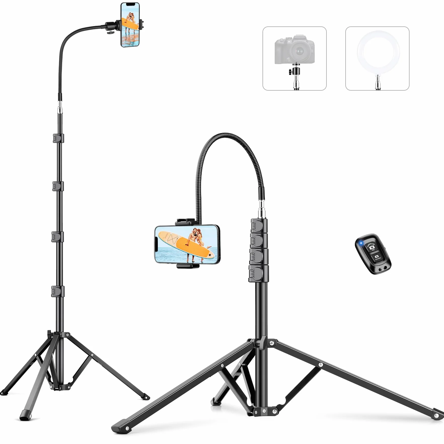 Victiv 224 cm Wysoki statyw do smartfonów, aluminiowy statyw do telefonów z regulowaną szyjką, pilotem, uchwytem telefonu, statywem aparatów fotograficznych lustrzanek cyfrowych Canon