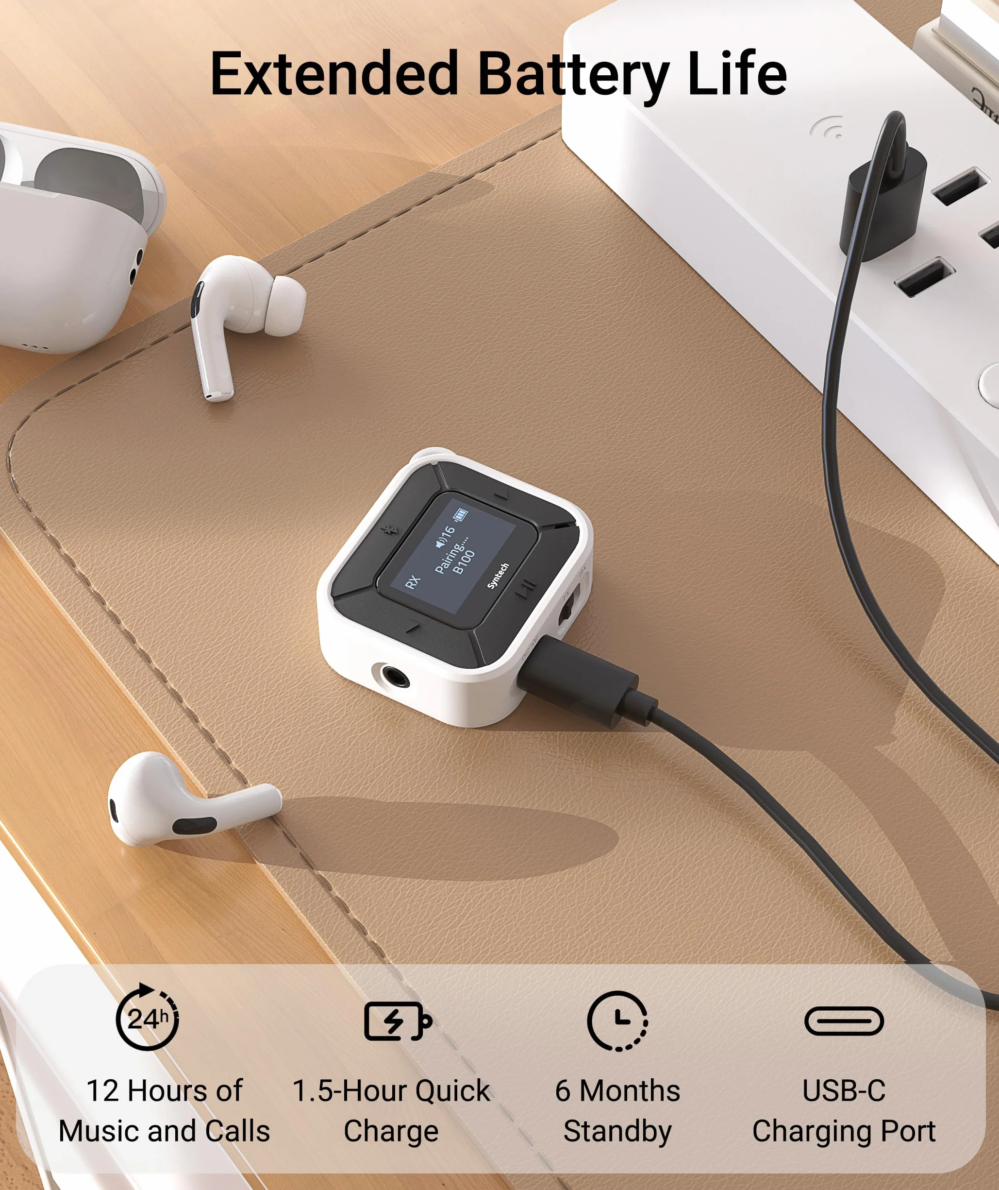 Syntech Samolotowy nadajnik-odbiornik Bluetooth z podwójnym adapterem AUX 3,5 mm, wyświetlaczem LED Adapter Dual Link Bluetooth 5.3 do AirPods bezprzewodowych słuchawek samochodowych