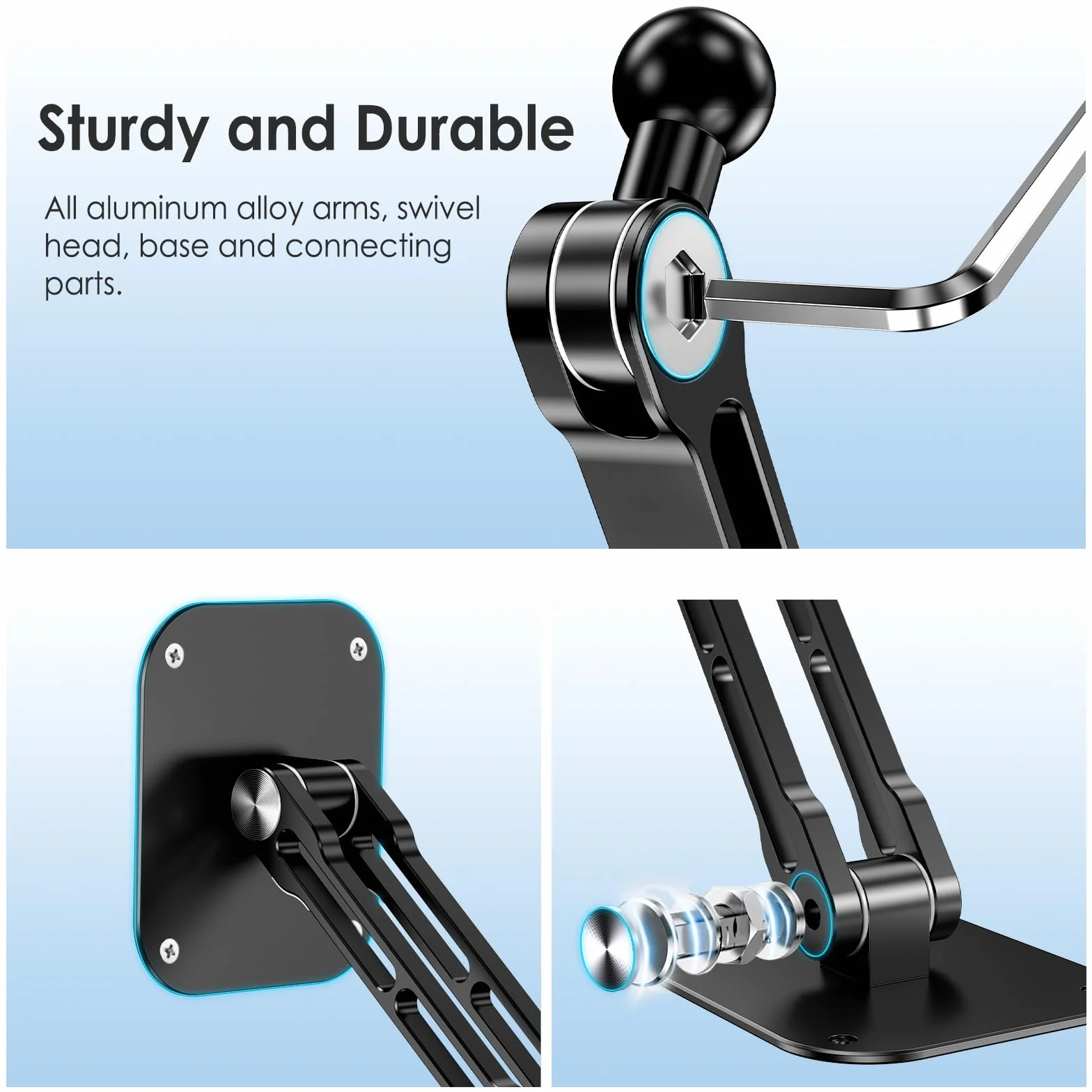 Uchwyt ścienny na tablet, aluminiowy wysuwany uchwyt ścienny, z obrotową podstawą o 360°, regulowany i składany, do iPad Pro Air Mini, Samsung Galaxy Tab, wszystkich telefonów i tabletów o
