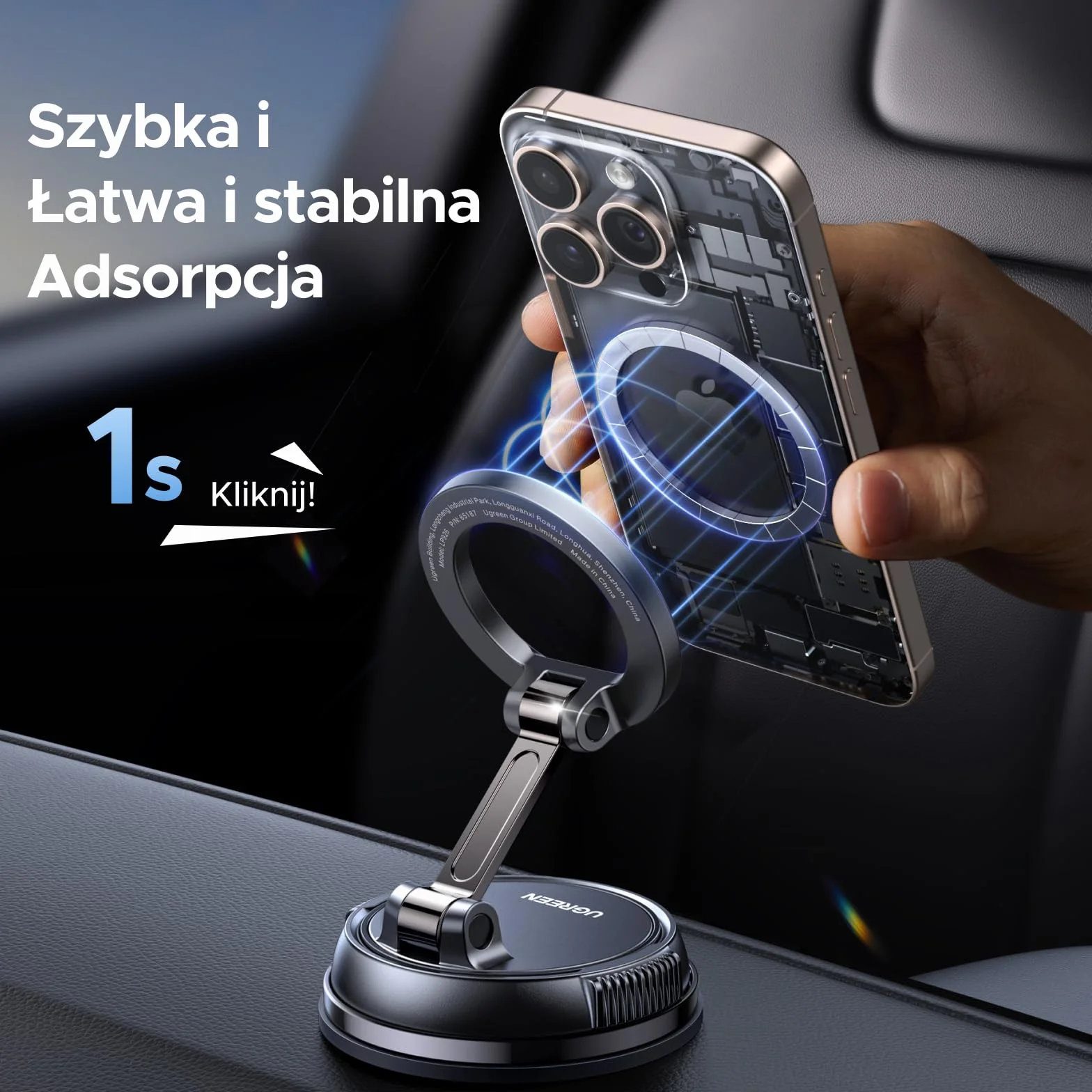 UGREEN Magsafe Uchwyt samochodowy N55 Super siła magnetyczna z ultra mocną przyssawką i silikonową podkładką, uchwyt na telefon komórkowy do samochodu Kompatybilny z iPhone 17 16 15 14 13 12 Pro Max
