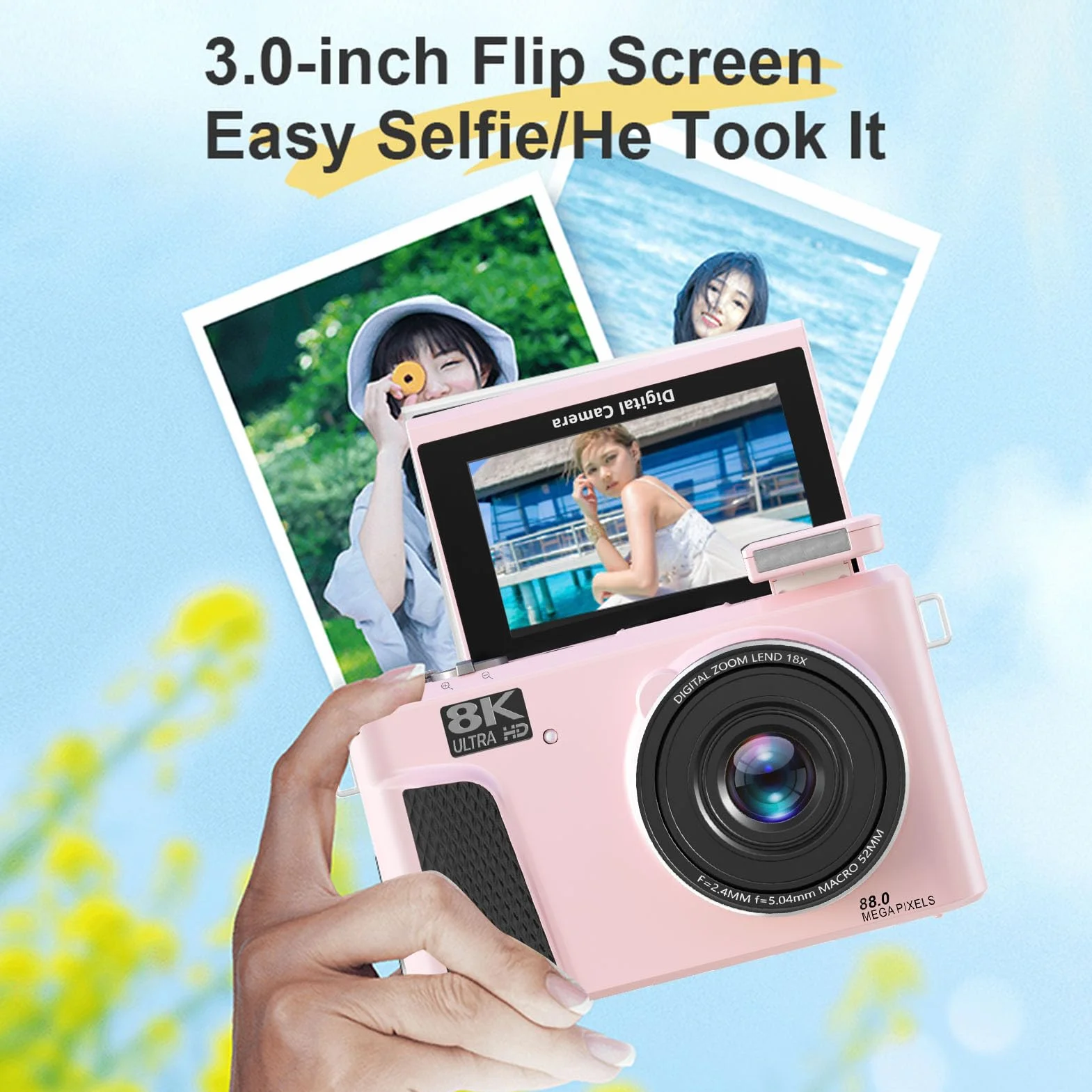 Fockety Kamera Cyfrowa 8K do Fotografii, Wi -Fi 88MP Autofocus Compact Camera z 3 -calowym Ekranem Klapki, 18x Cyfrowy Zoom i Bateria dla Początkujących, Nastolatków, Dorosłych (PINK)