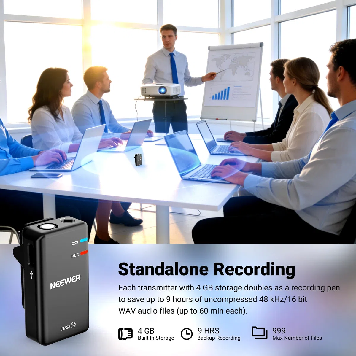 NEEWER CM28 bezprzewodowy system mikrofonowy Lavalier z etui do ładowania, redukcja szumów 1 kliknięcie, pamięć 4 GB na 9 godzin nieskompresowanego mikrofonu 48 kHz 16-bitowego audio, kompatybilny z