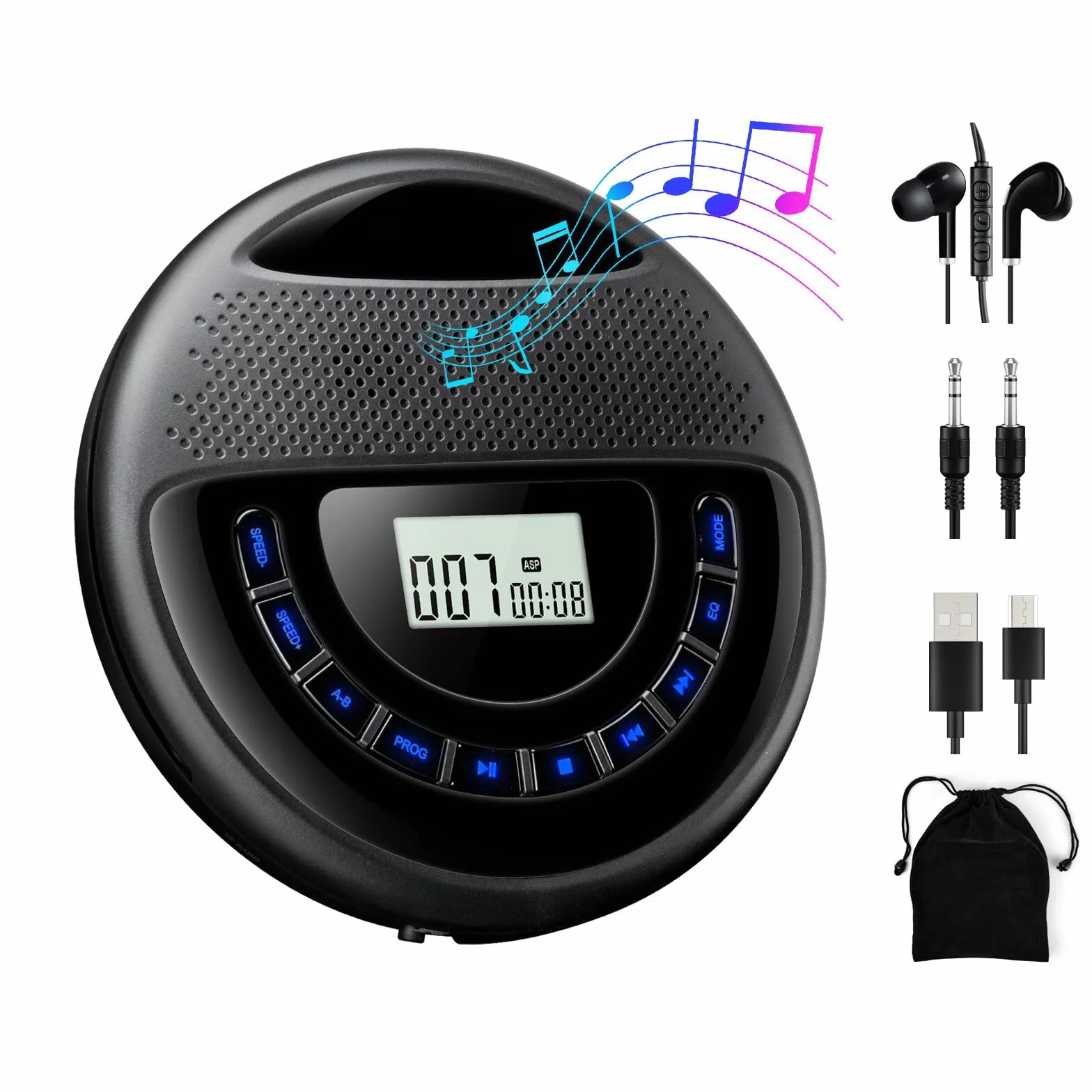Gueray Przenośny odtwarzacz CD z głośnikiem Discman z wbudowaną baterią litową 1400 mAh, obsługuje karty TF ze słuchawkami i kablem AUX 3,5 do 3,5 mm dla dzieci, audiobooków, słuchania muzyki