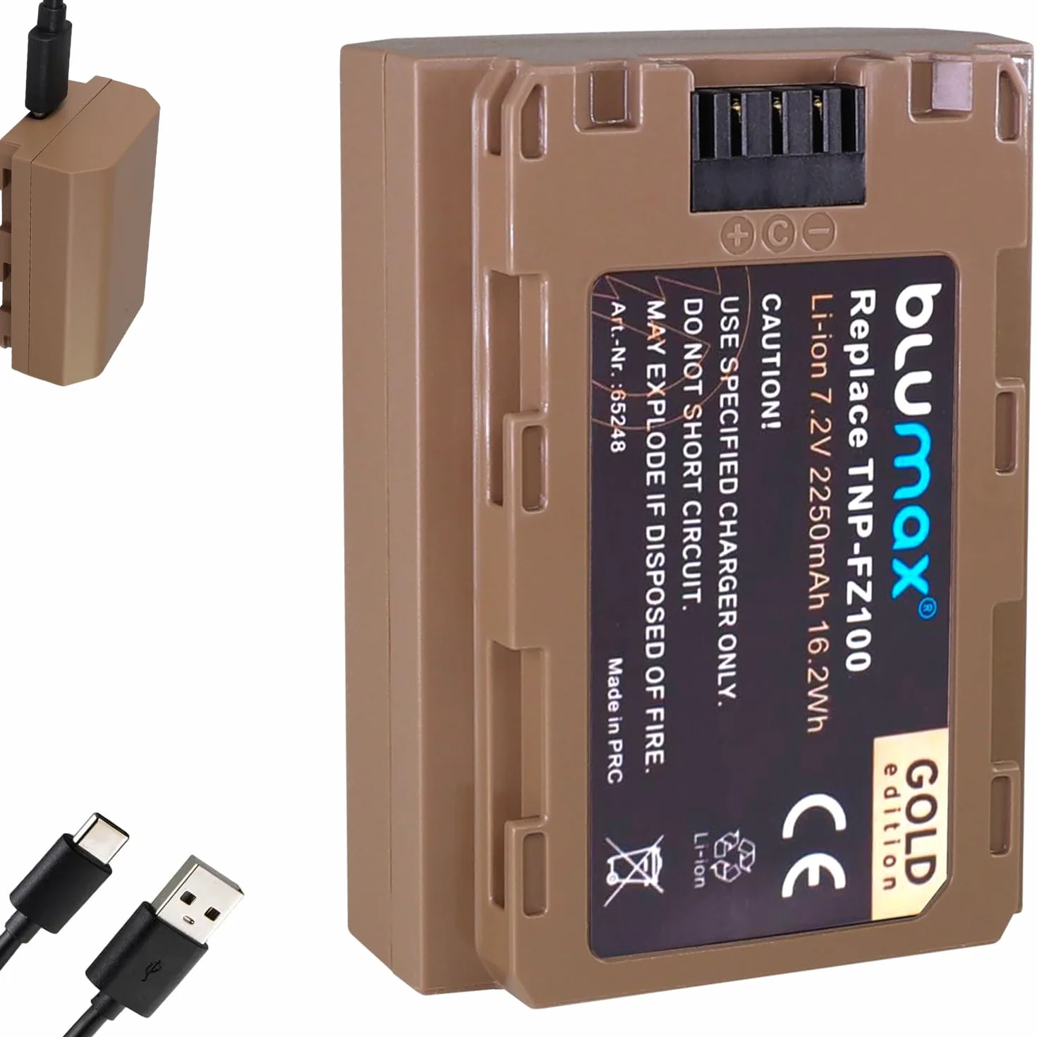 Blumax Gold Akku ersetzt Sony NP-FZ100 (2250mAh) mit USB Typ-C Ladebuchse - NTC-Sensor & V1-Gehäuse - für Sony FX30-7 IV 7c 7RIV 7RV 7RIII ZV-E1