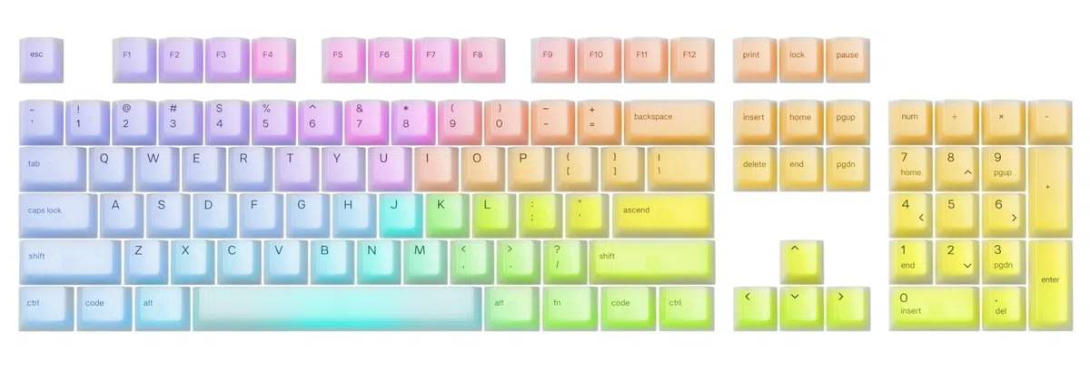 Glorious Gaming 115 klawiszy Polychroma RGB – przezroczyste, zapewniające maksymalny efekt RGB, Cherry, wytrzymały poliwęglan, oryginalny krój, świetna akustyka, układ US – polichromia