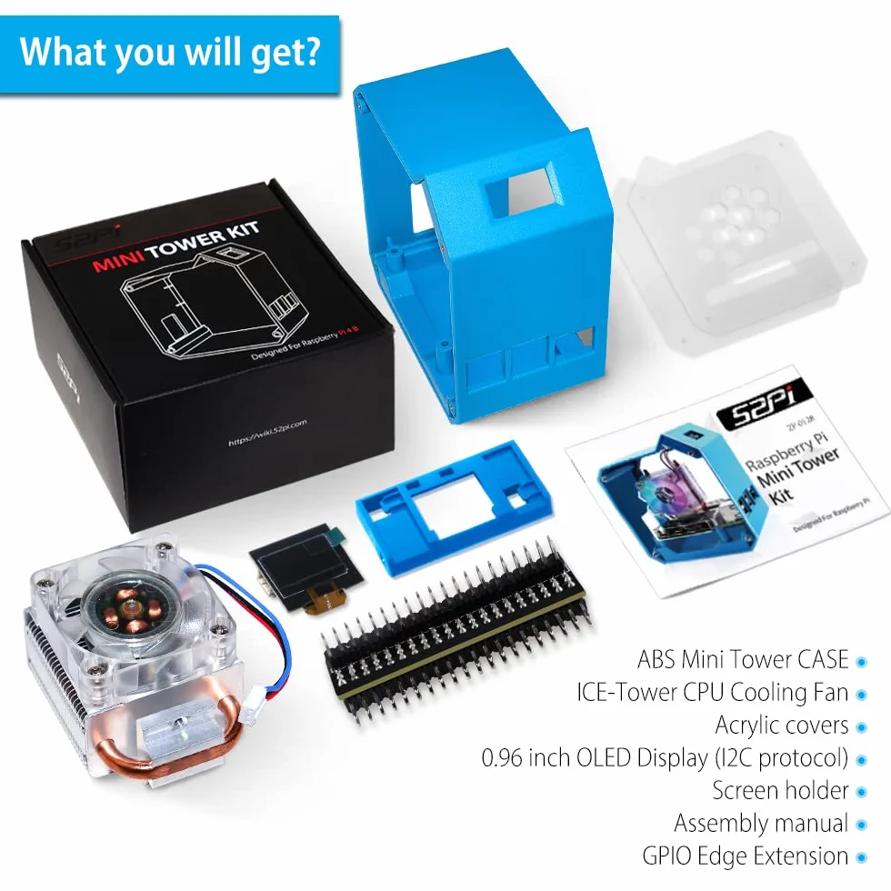 GeeekPi Raspberry Pi Mini Tower Kit z chłodnicą Ice Tower, wyświetlacz OLED 0,96", wentylatorem RGB i kartą rozszerzeń GPIO do Raspberry Pi 4, model B